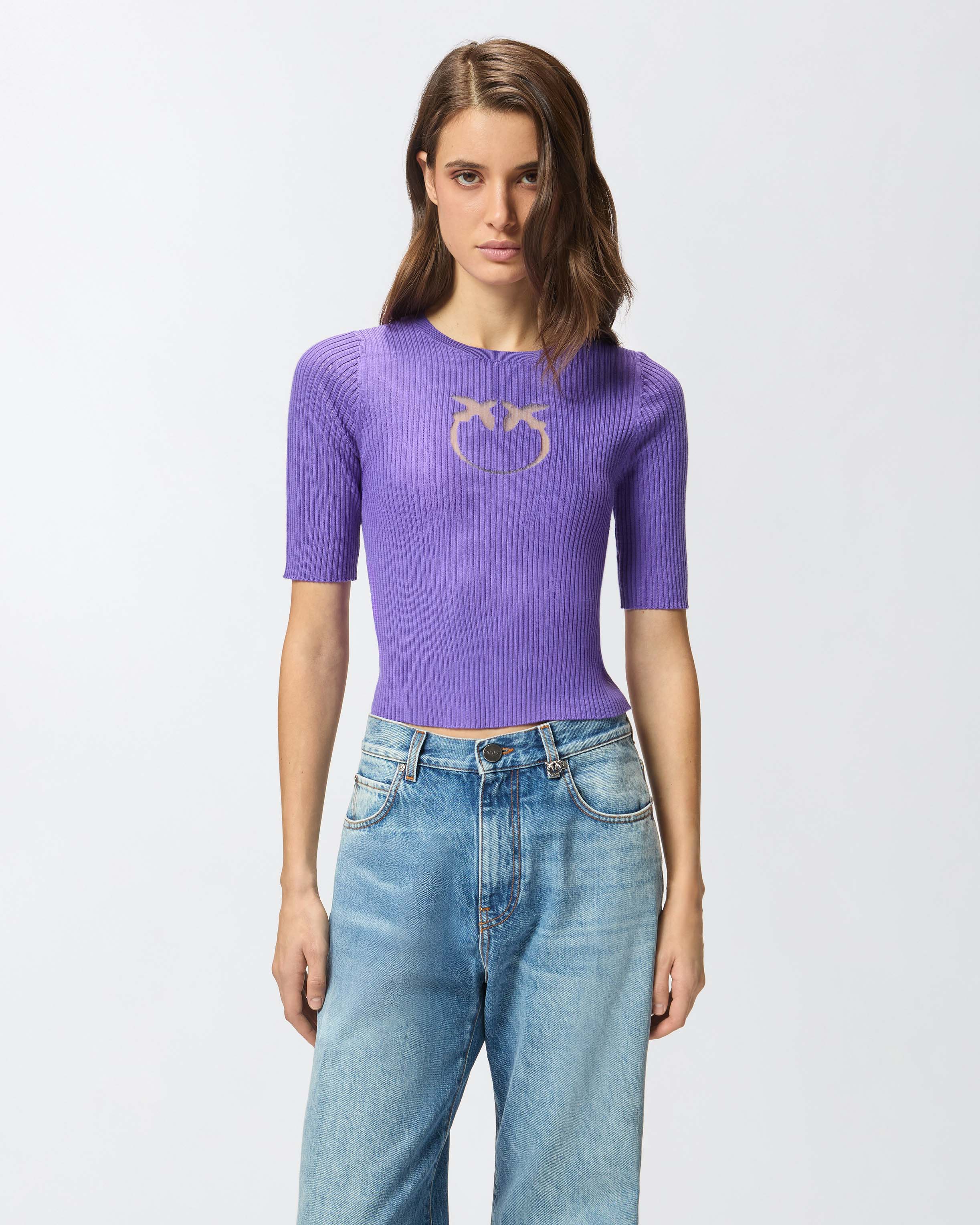 Ribbed sweater with transparent Love Birds logo - Purple - large | Pinko 