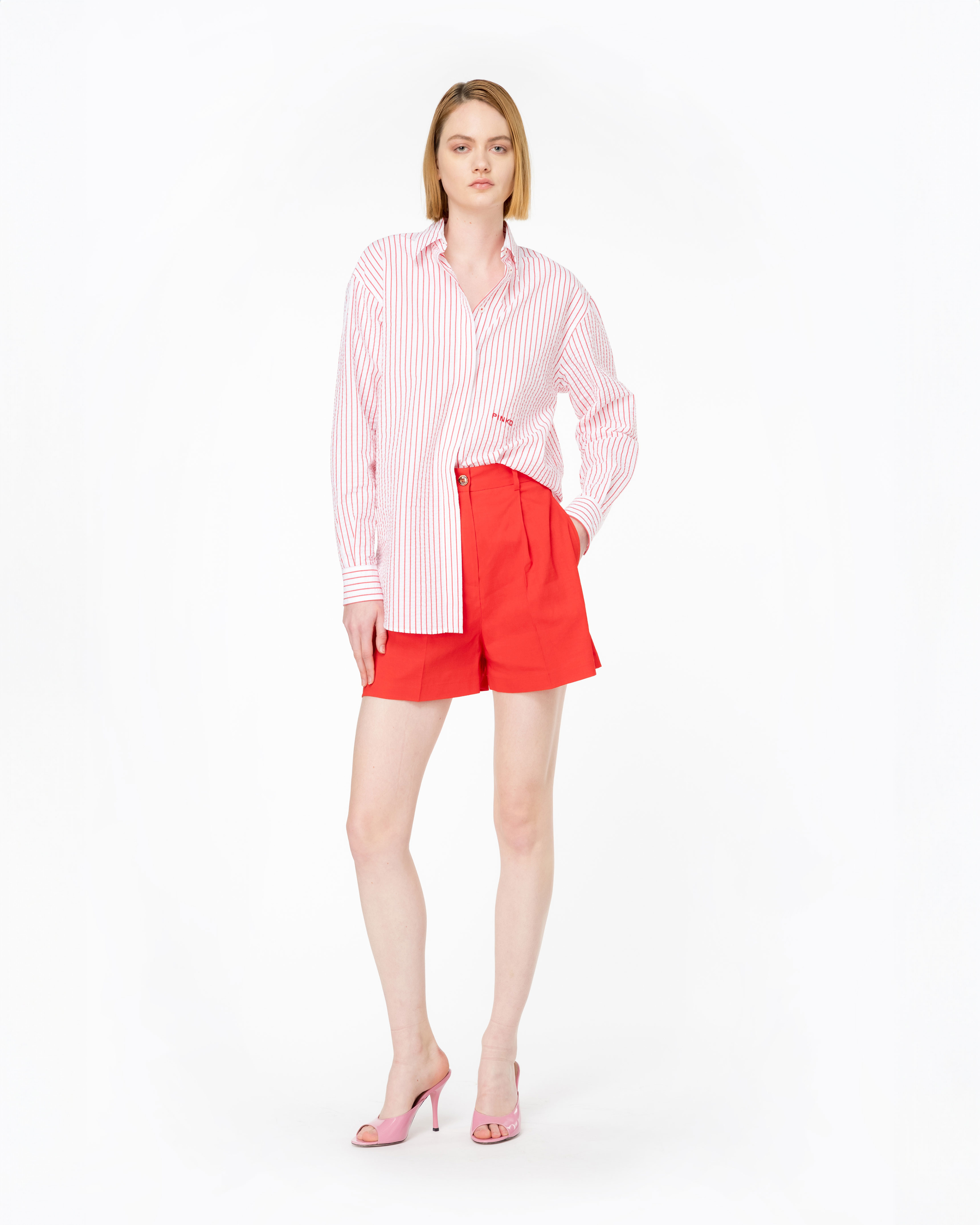 Shop Pinko Camicia Seersucker A Righe In White/red