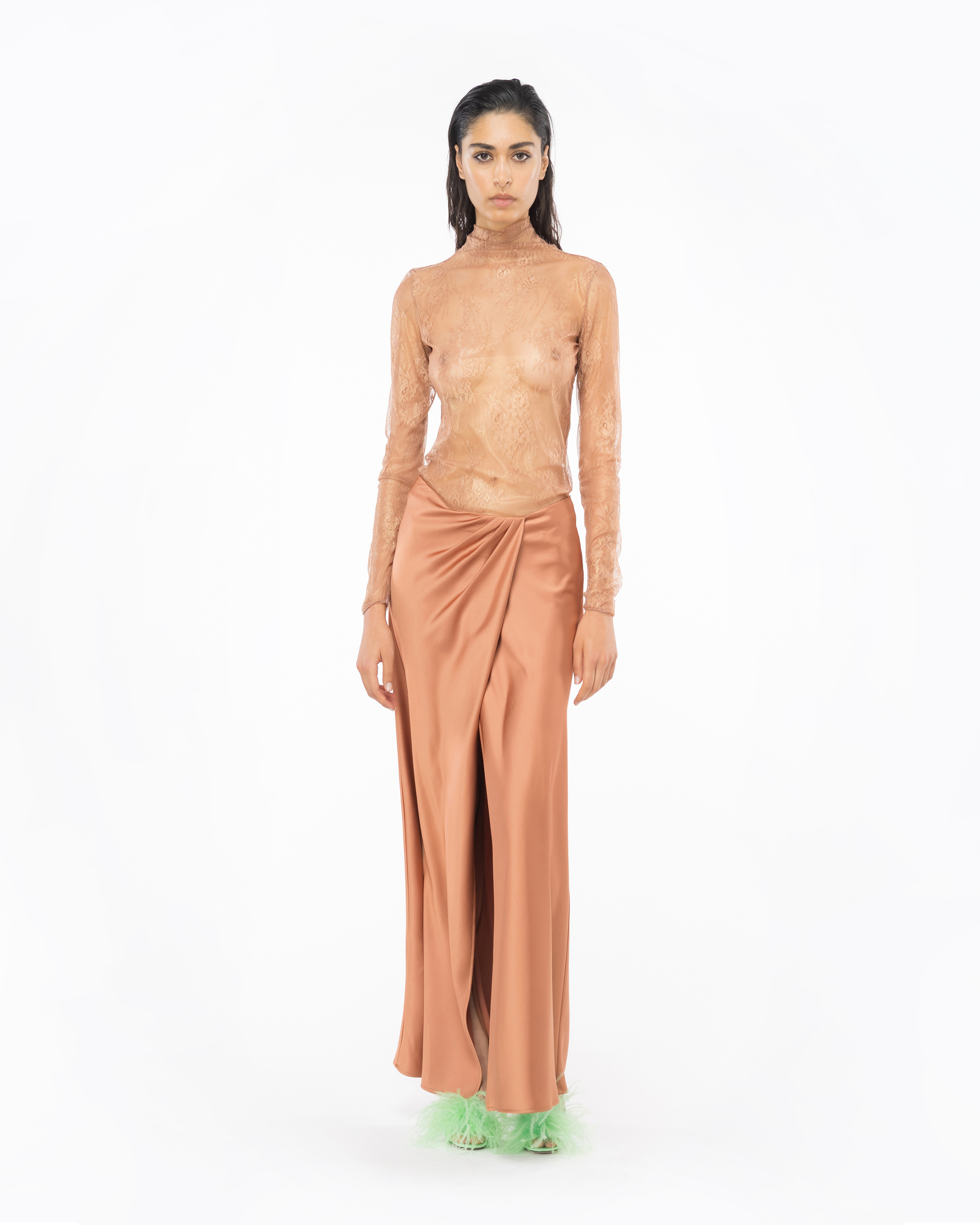 Shop Pinko Gonna Elegante In Raso Martellato In Terracotta Pink