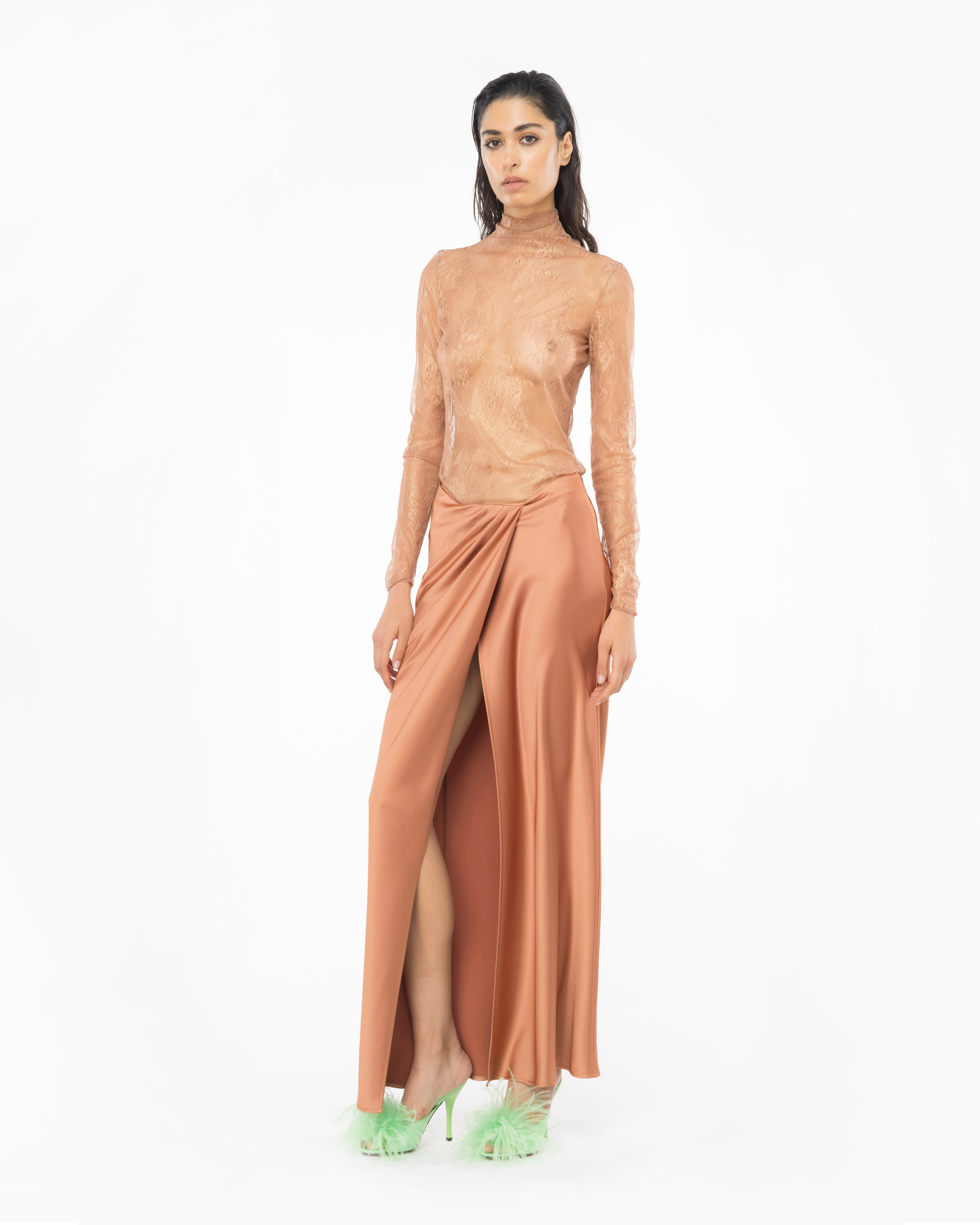 Shop Pinko Elegant Hammered Satin Skirt In Terracotta Pink