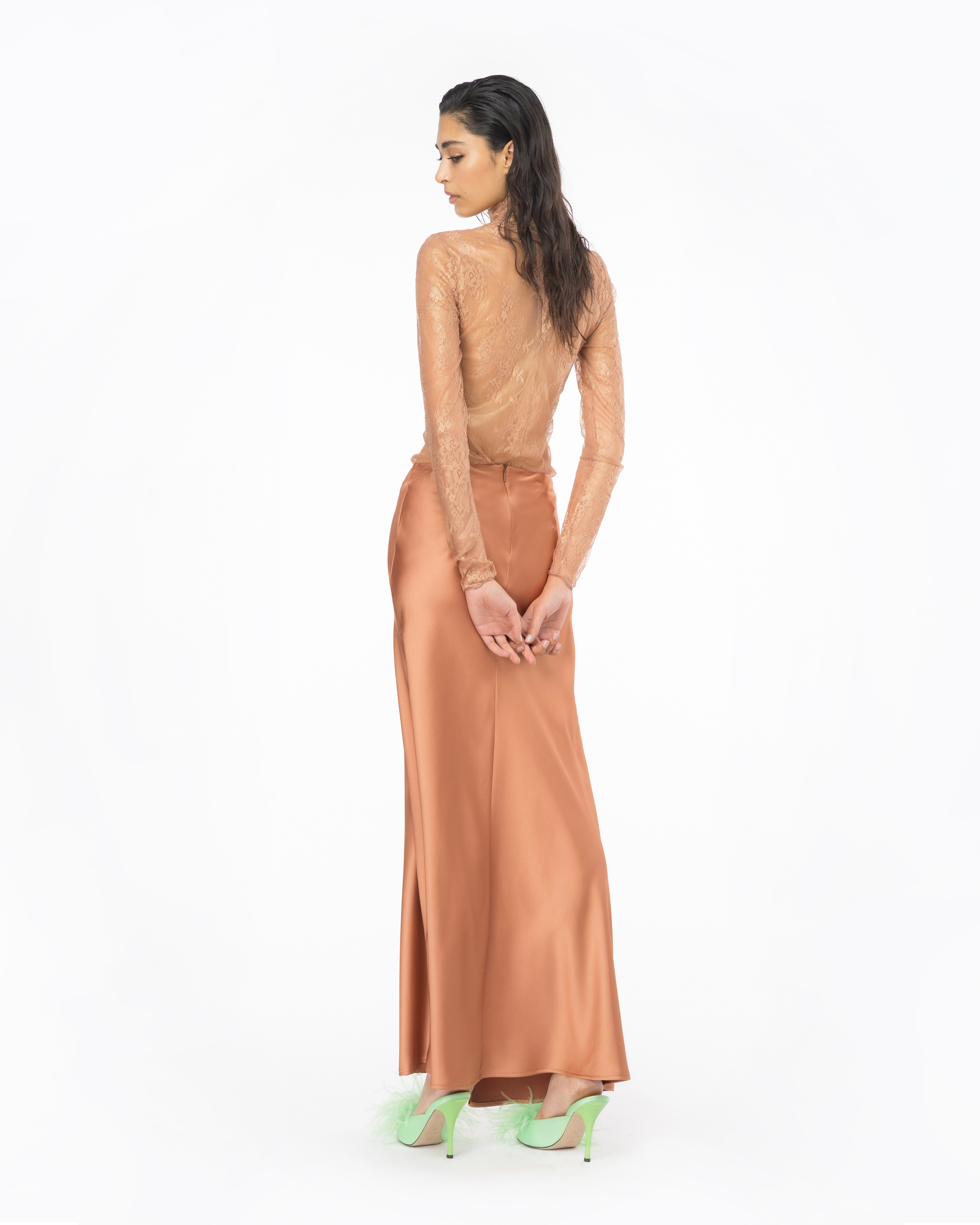 Shop Pinko Elegant Hammered Satin Skirt In Terracotta Pink