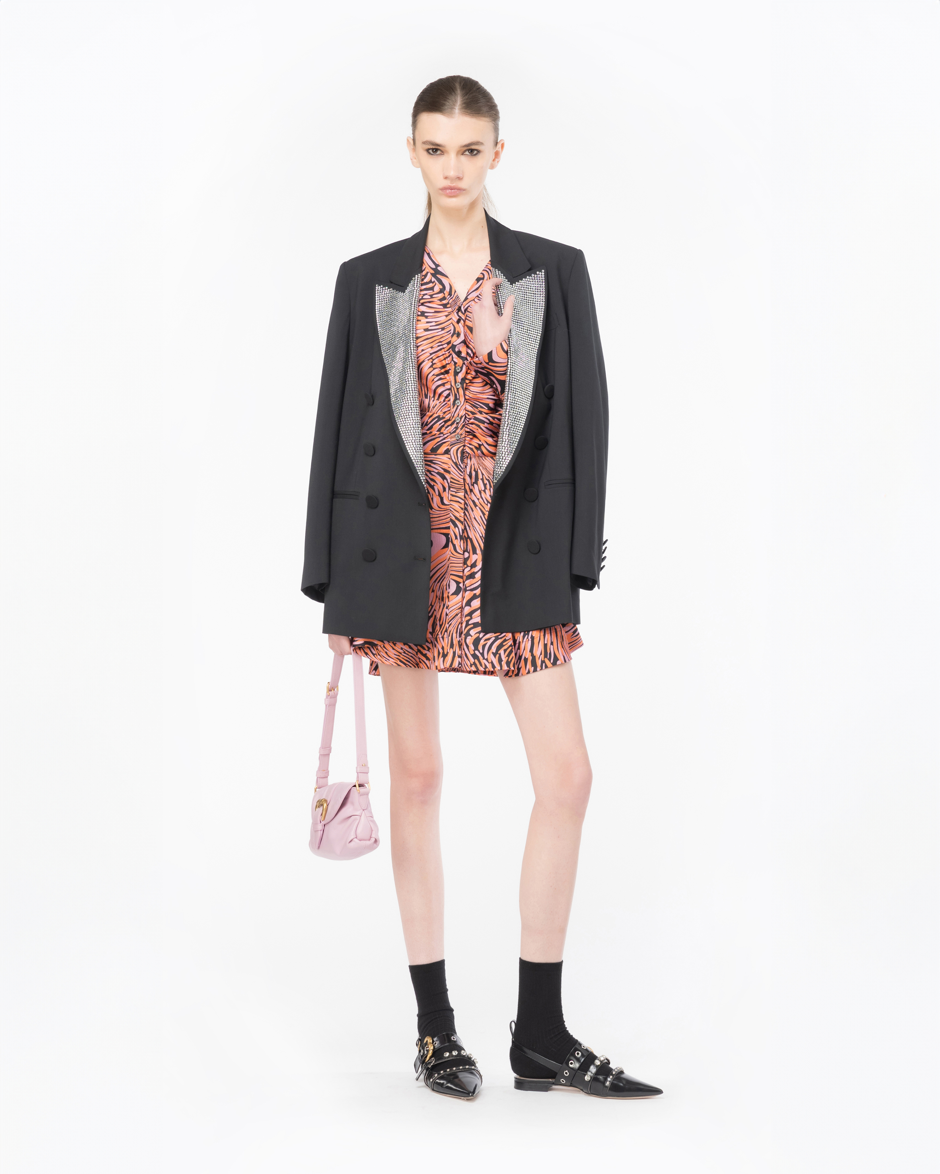 Мини-платье из атласа с искаженным принтом - ЧЕРНЫЙ, multicolor, ОРАНЖЕВЫЙ, РОЗОВЫЙ - large