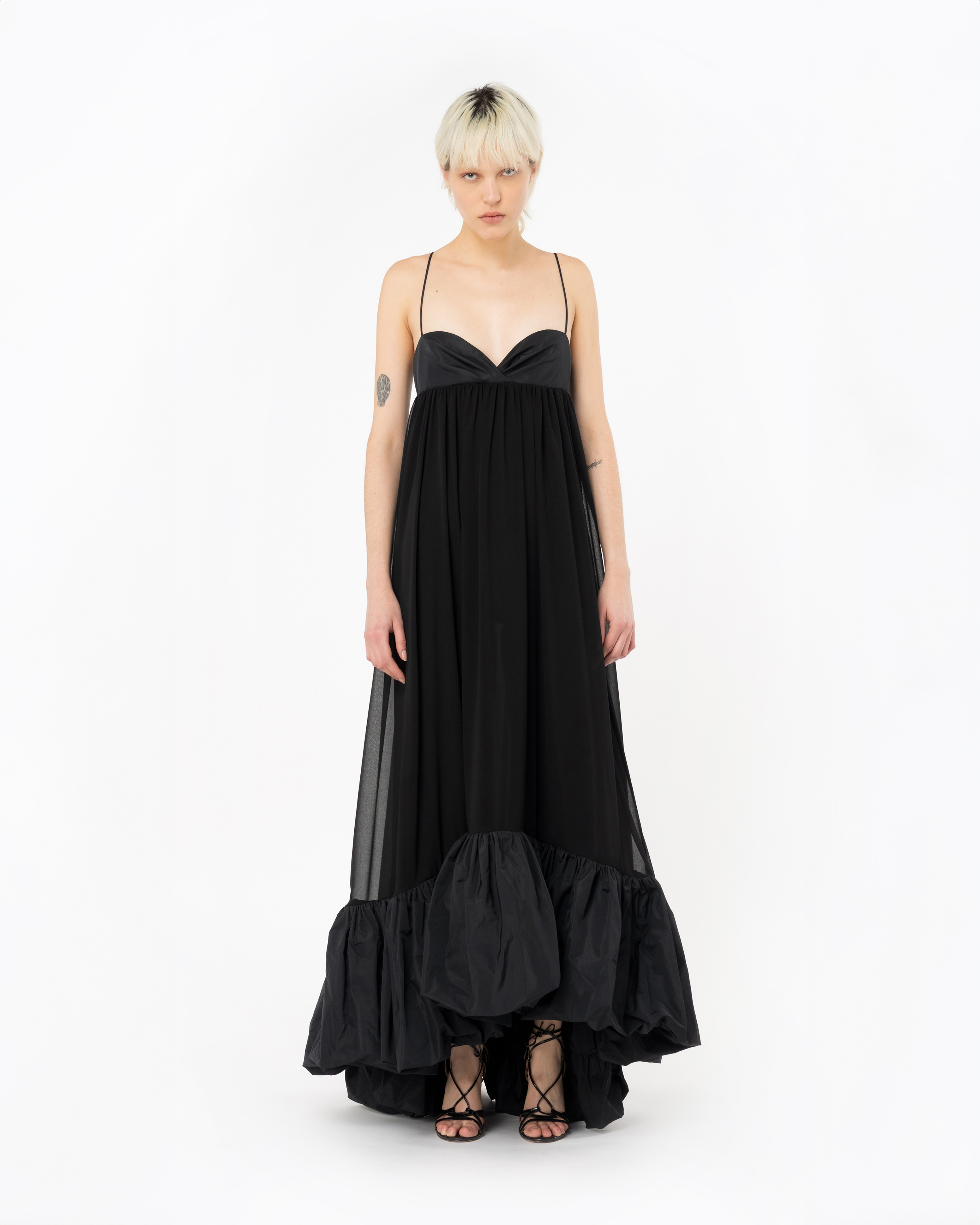 Long dress with thin straps and flounce