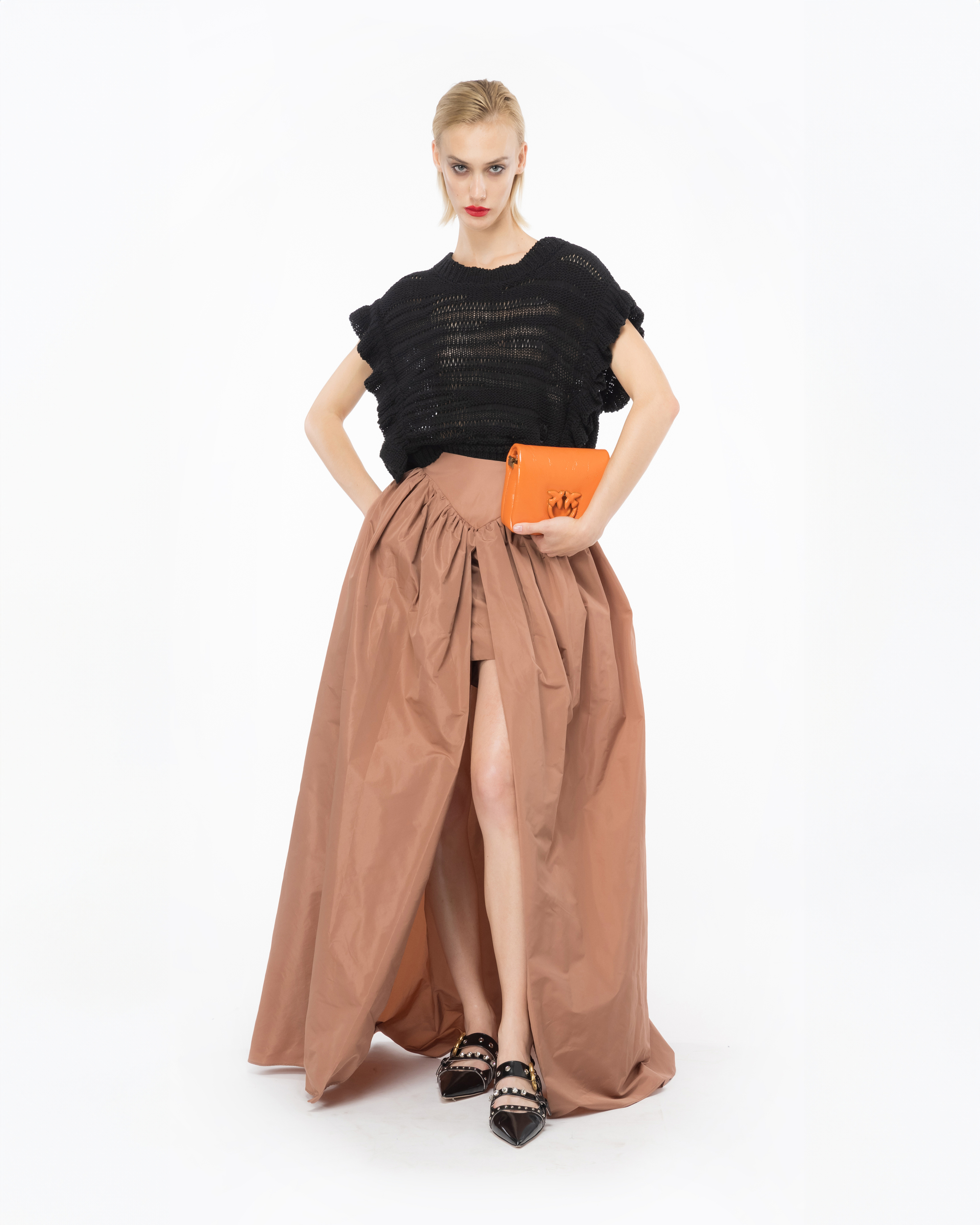 Shop Pinko Taffeta Maxi Skirt With Slit In Blush Marron-rouge