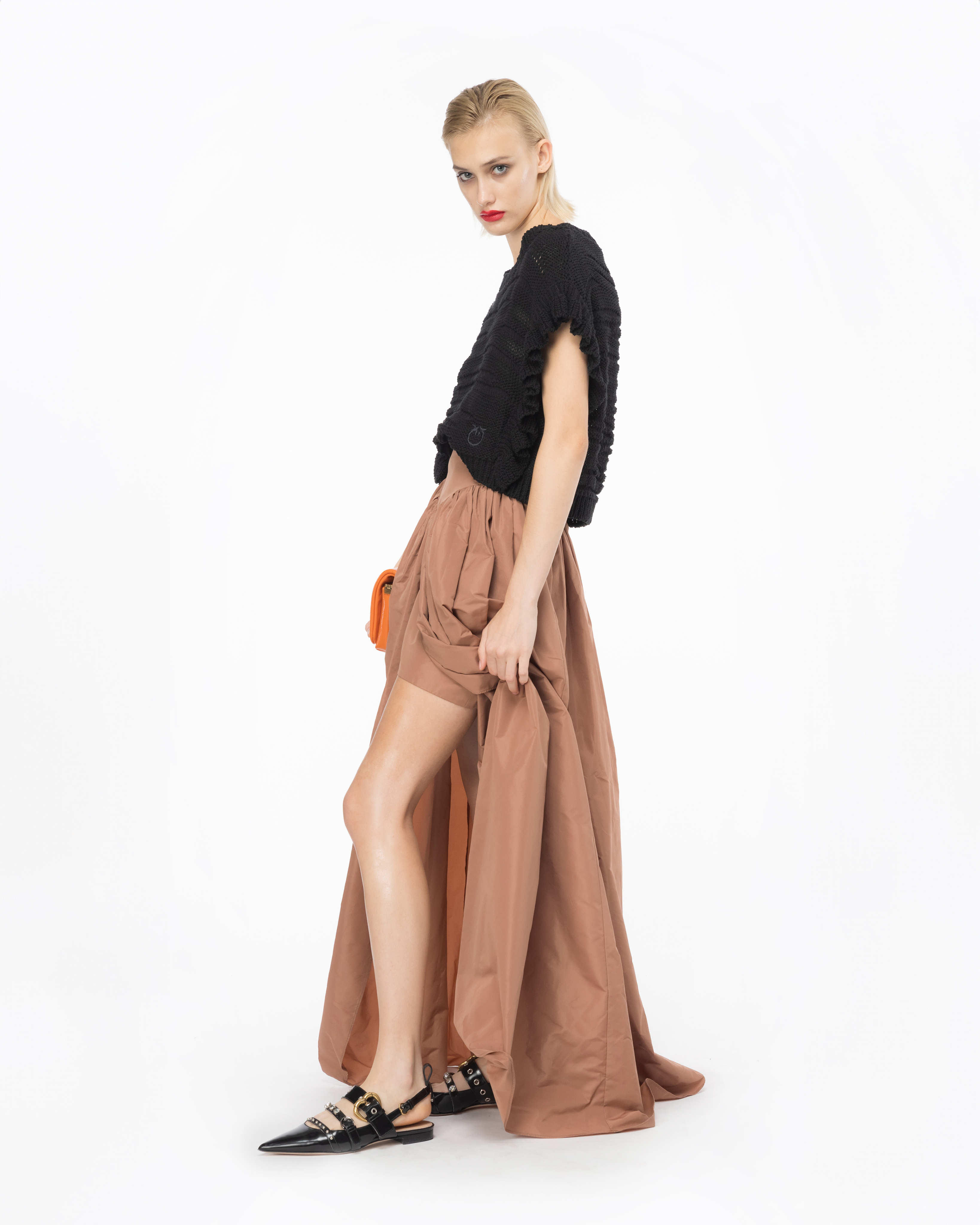 Shop Pinko Taffeta Maxi Skirt With Slit In Blush Marron-rouge