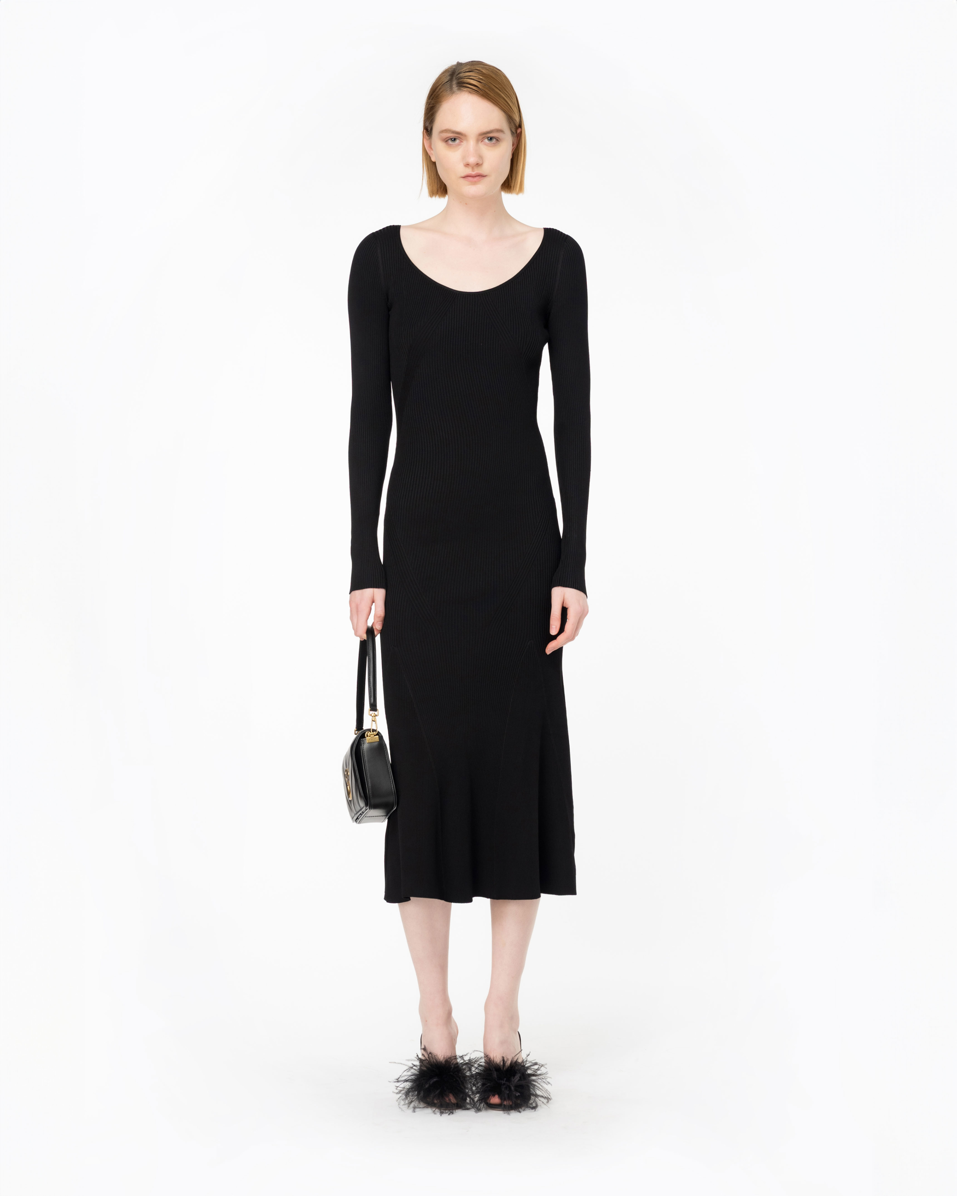 Shop Pinko Long Ribbed Knit Dress In Limo Black