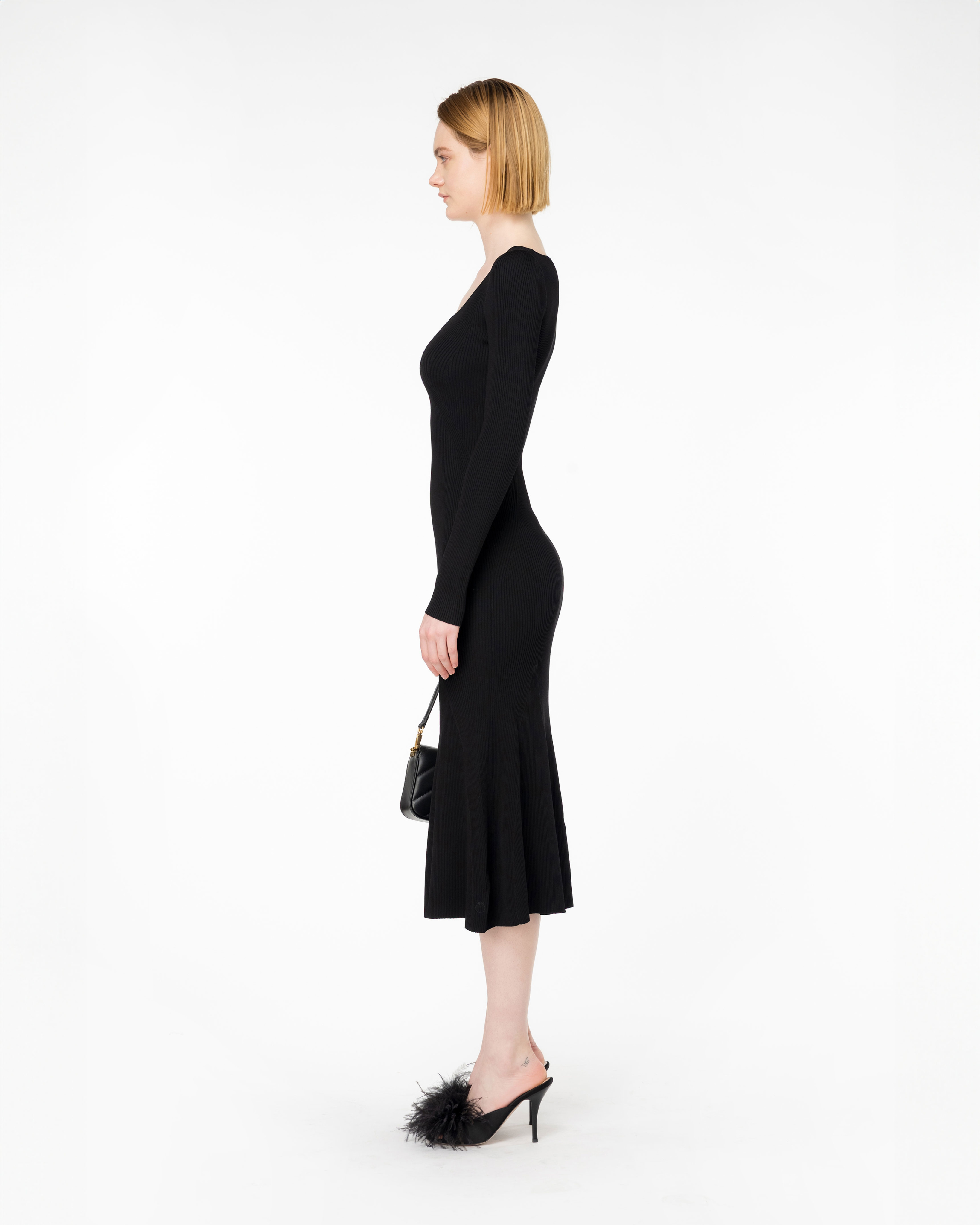 Shop Pinko Long Ribbed Knit Dress In Limo Black