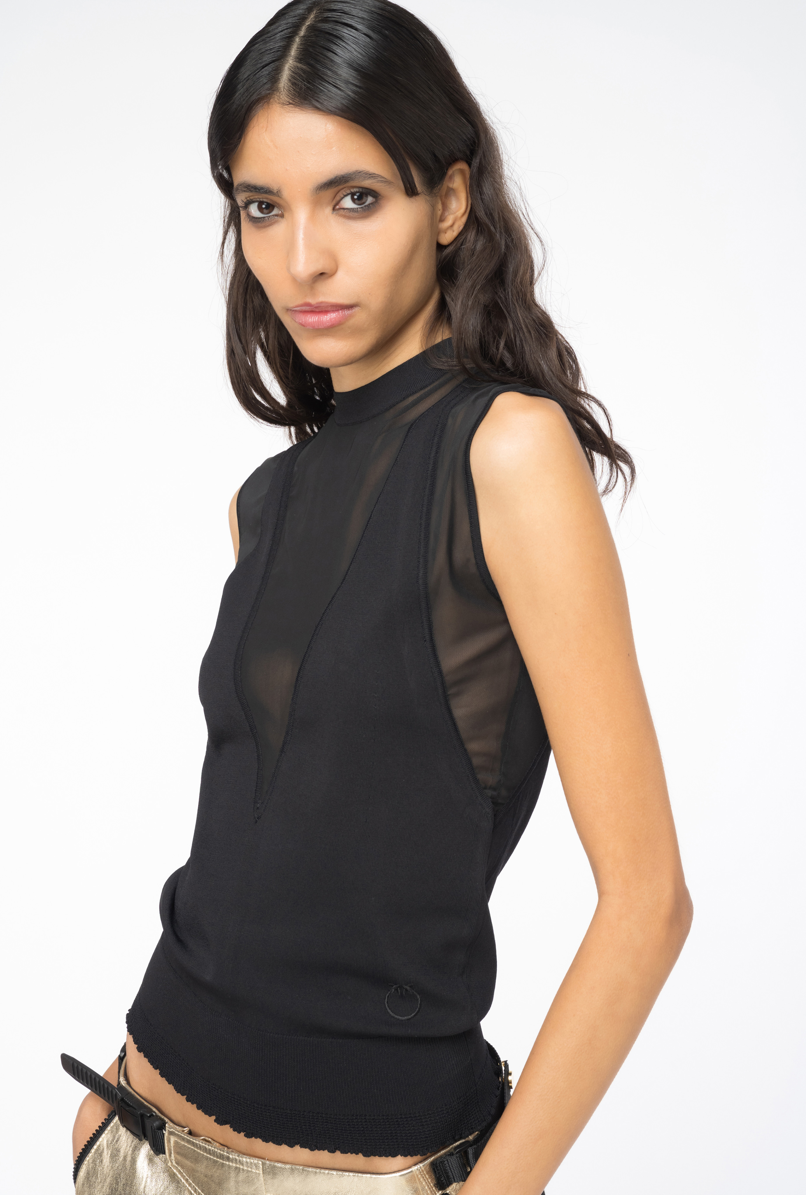 Shop Pinko Sleeveless Sweater With Tulle In Limo Black