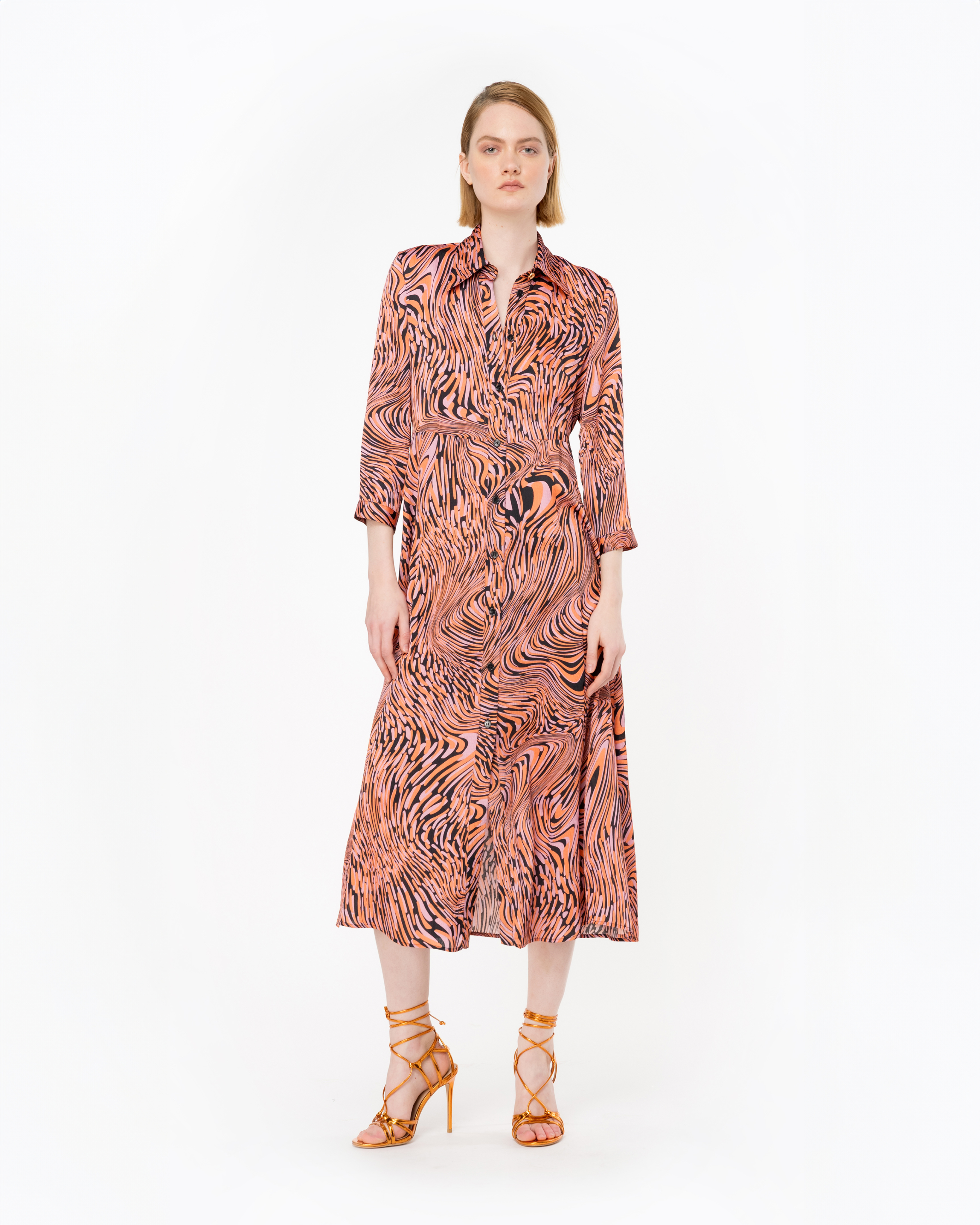 Shop Pinko Shirt Dress With Distorted Print In Black/pink/orange