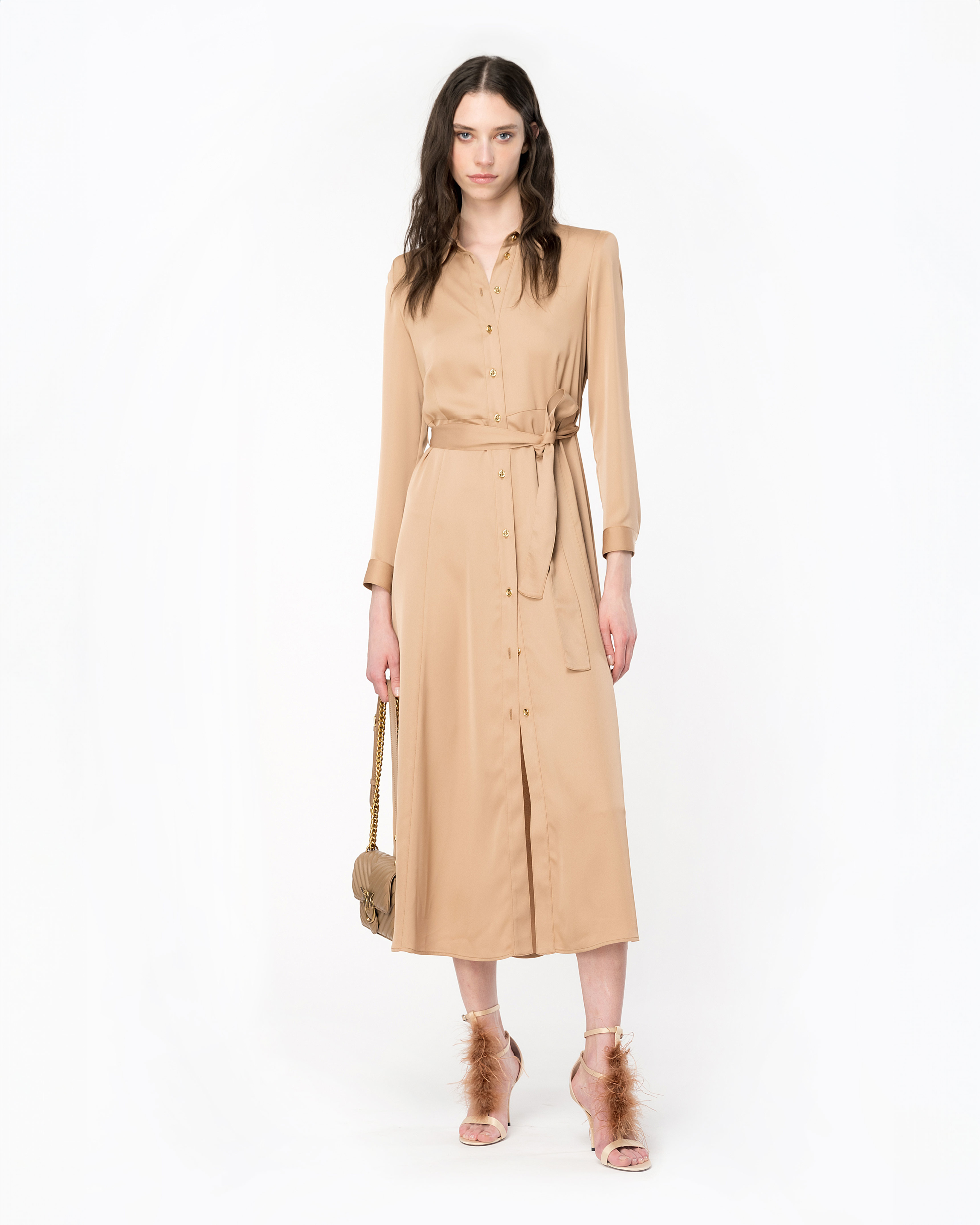 Shop Pinko Matte Satin Shirt Dress In Tawny-brown Beige