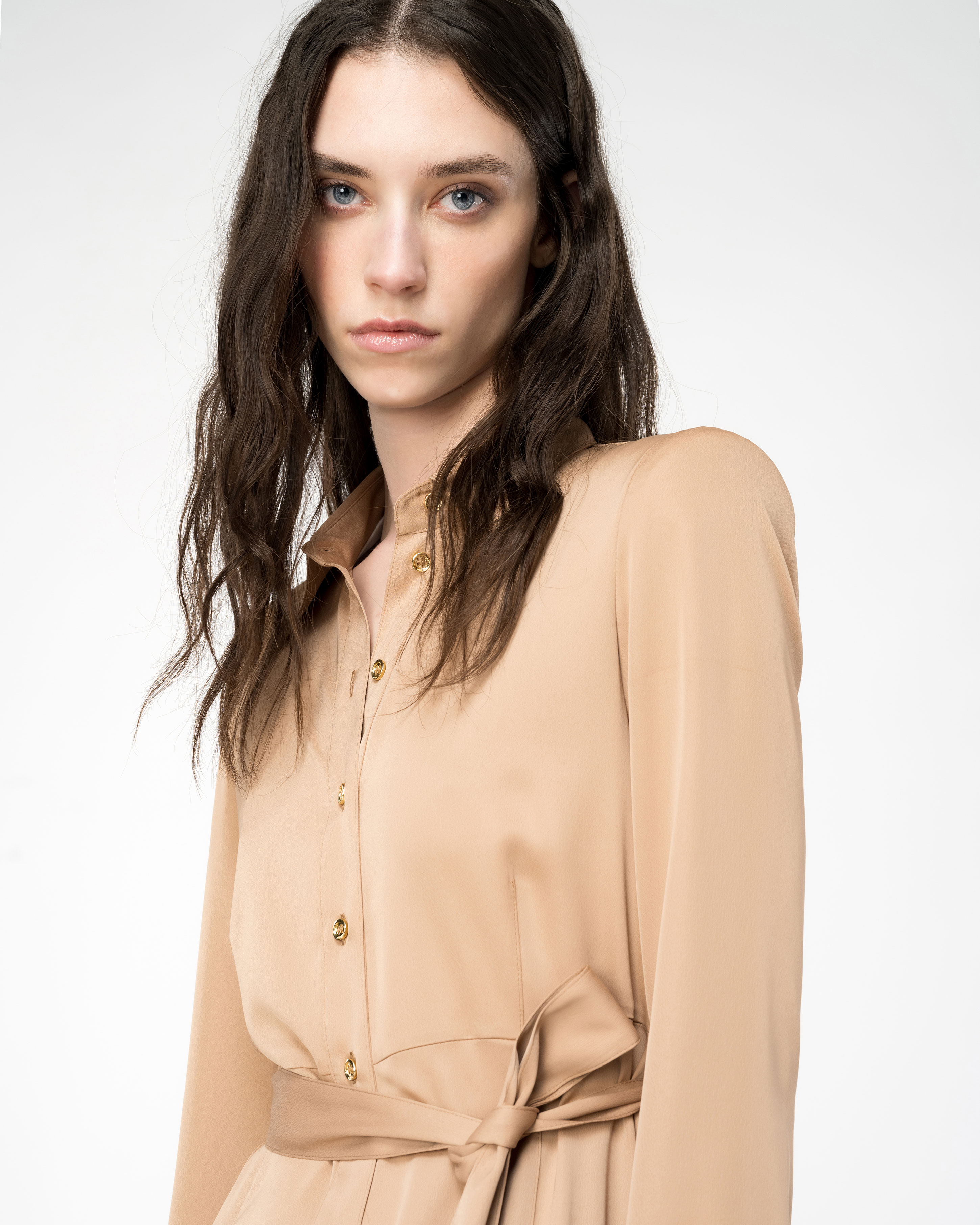 Shop Pinko Matte Satin Shirt Dress In Tawny-brown Beige