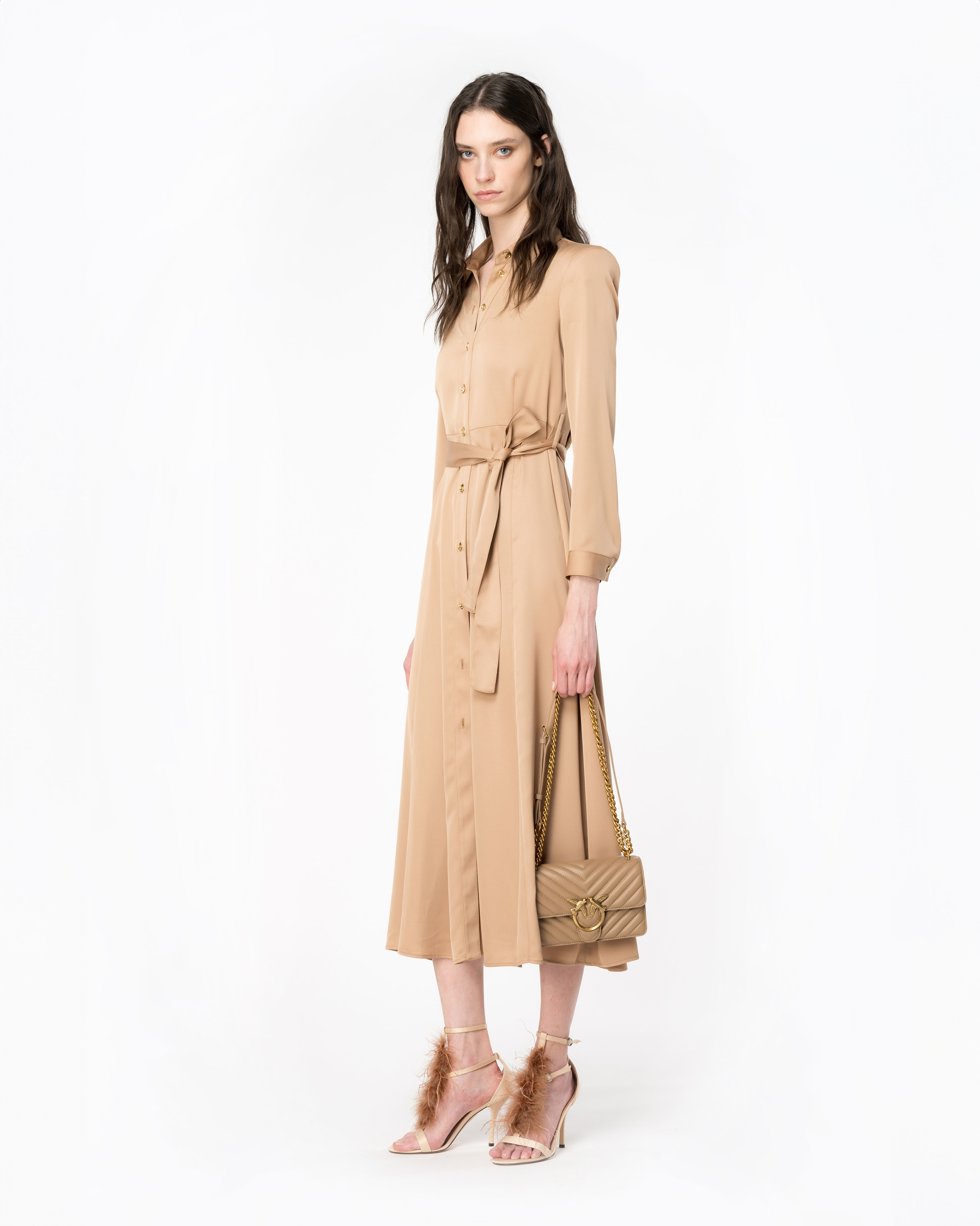 Shop Pinko Matte Satin Shirt Dress In Tawny-brown Beige