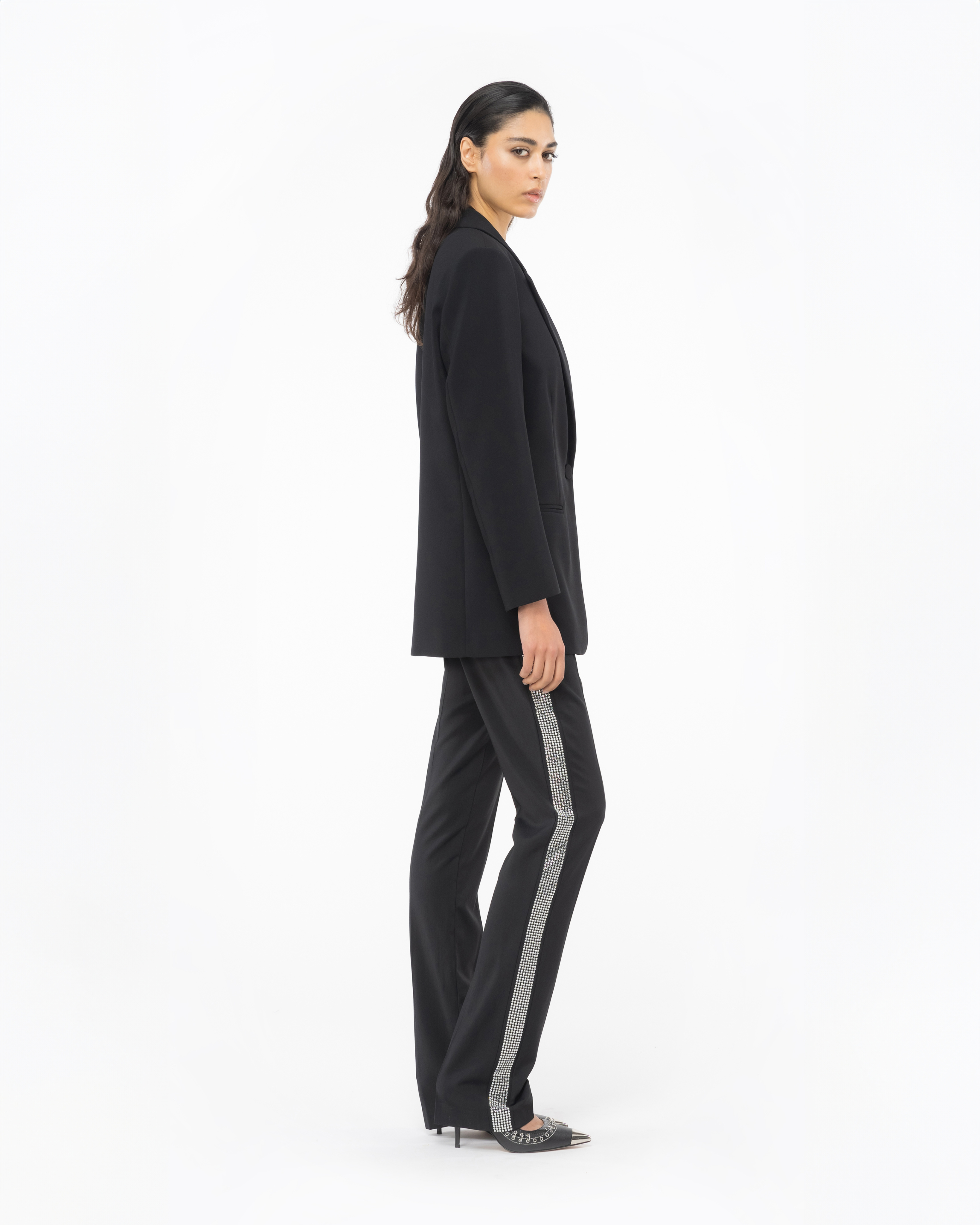 Shop Pinko Pantalon Avec Bande En Strass In Limo Black