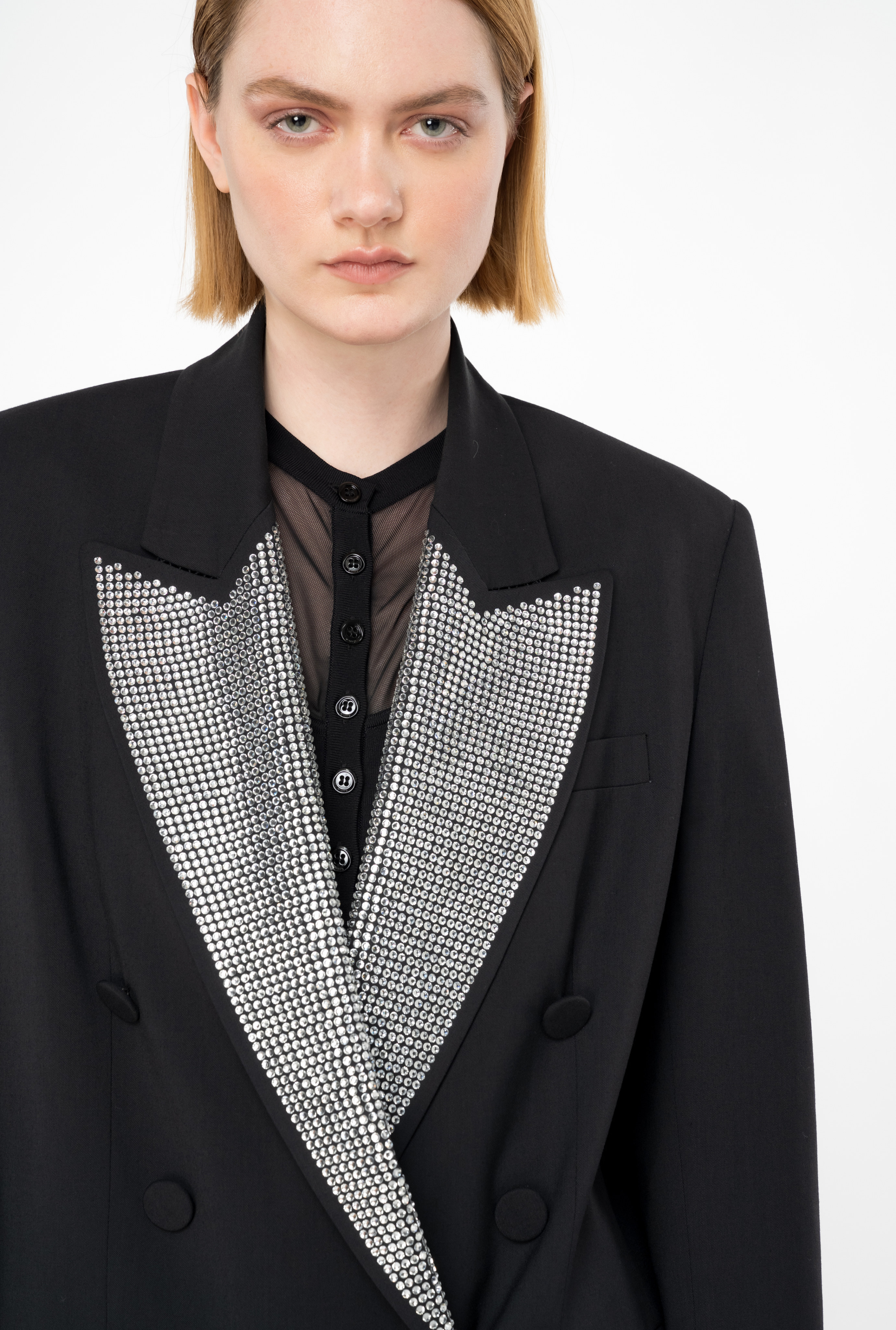 Shop Pinko Blazer Croisé Avec Col À Revers En Strass In Limo Black