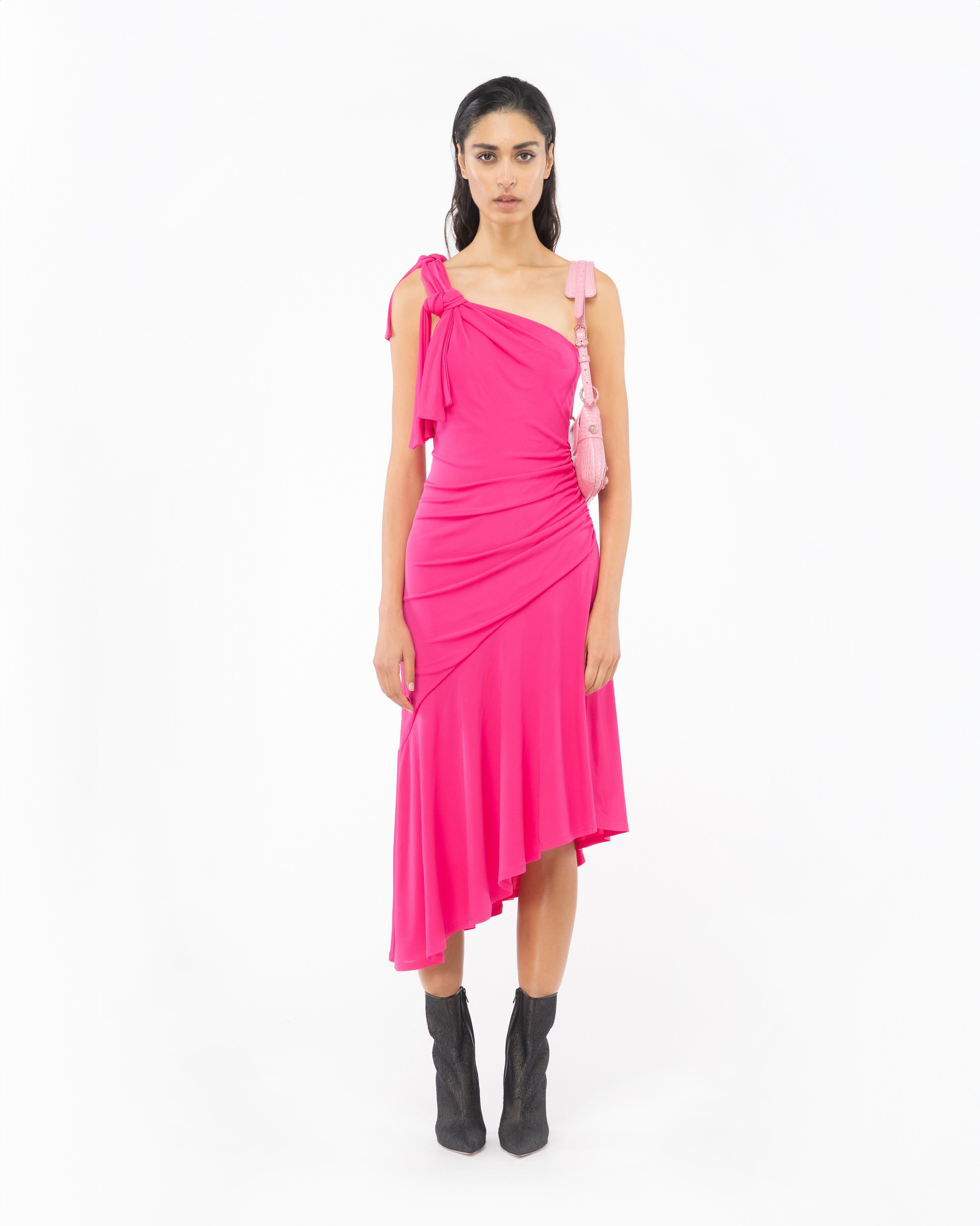 Shop Pinko One-shoulder Dress With Flounce In Betterave Cl.