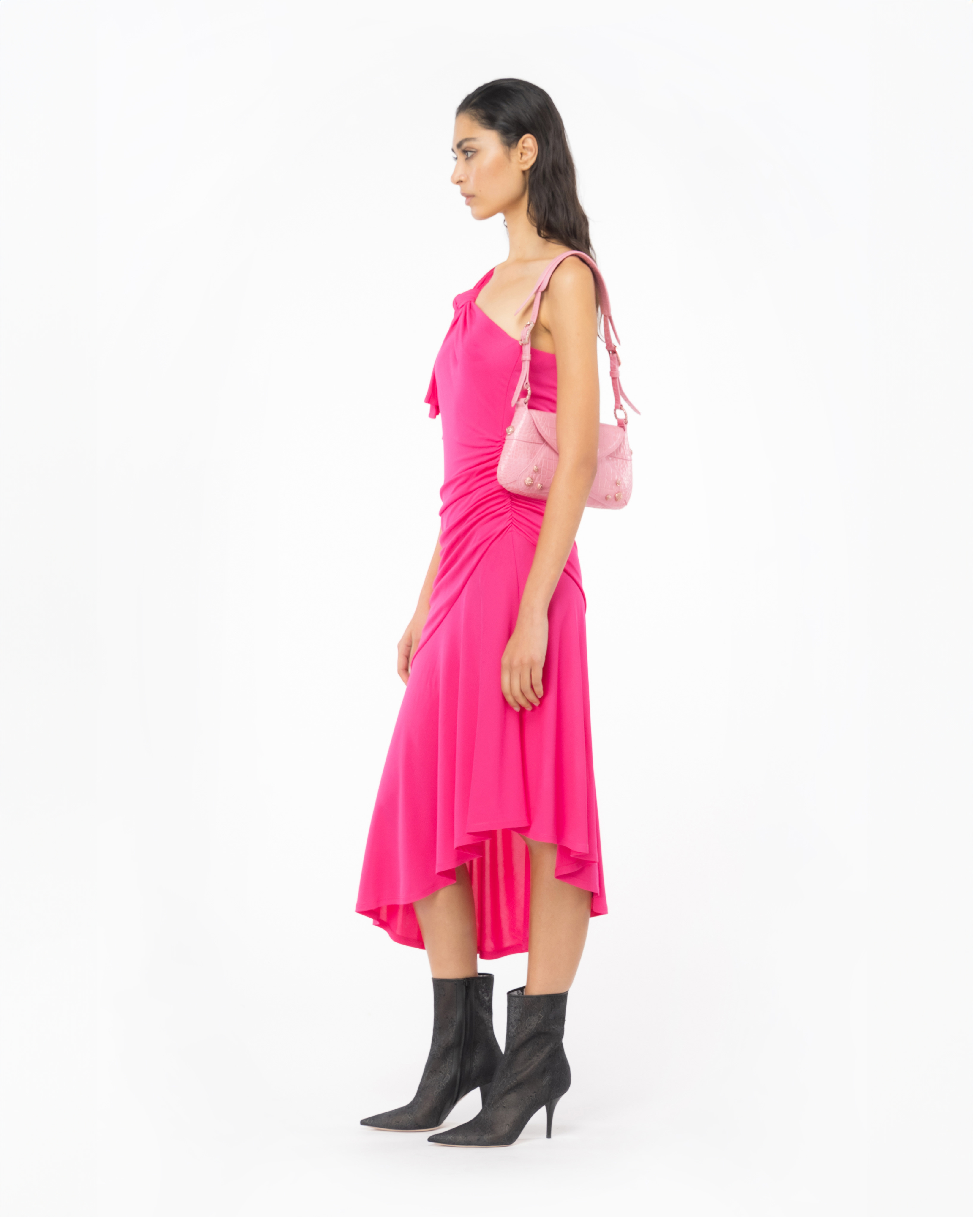 Shop Pinko One-shoulder Dress With Flounce In Betterave Cl.