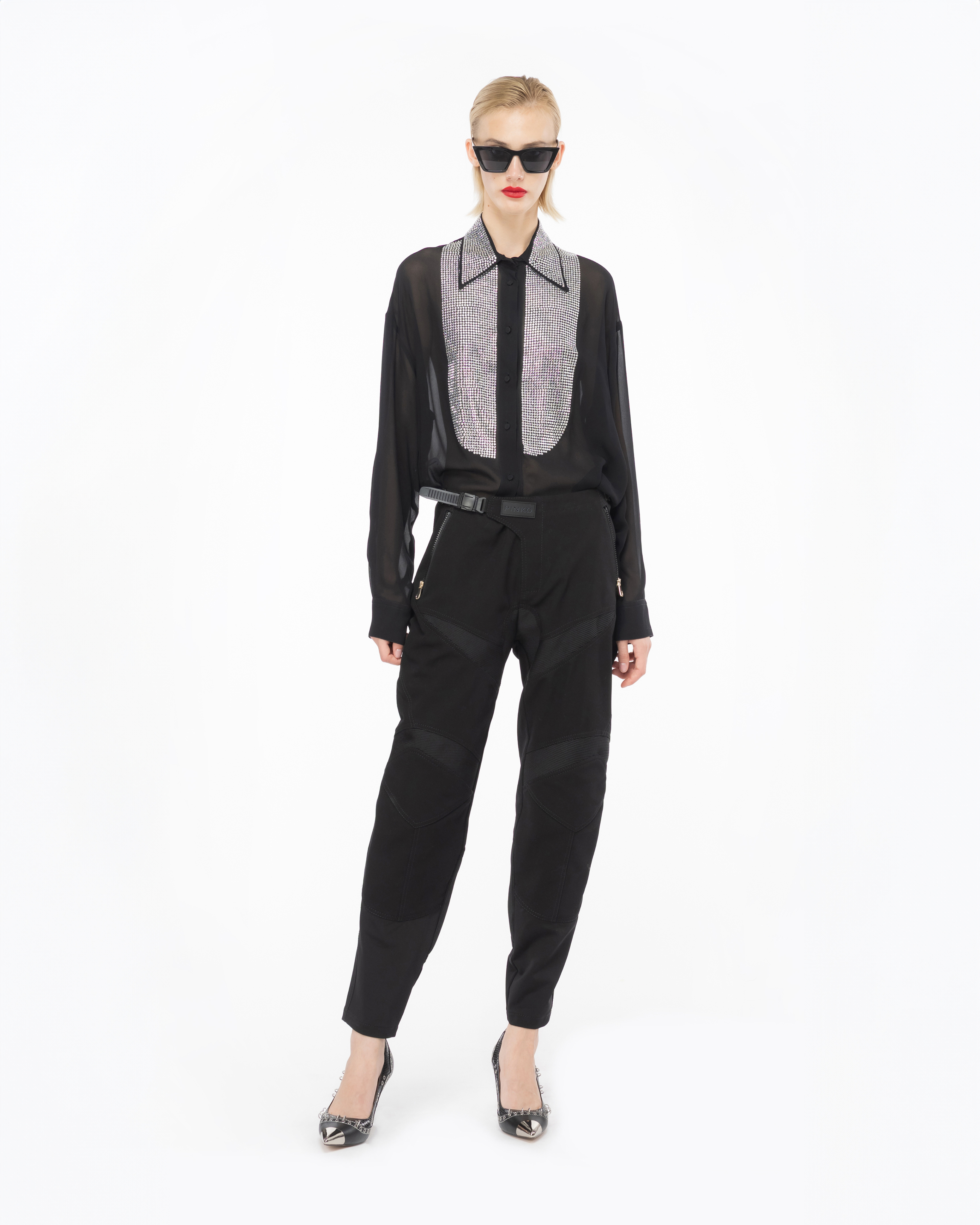 Shop Pinko Camicia In Georgette Con Strass In Noir Limousine