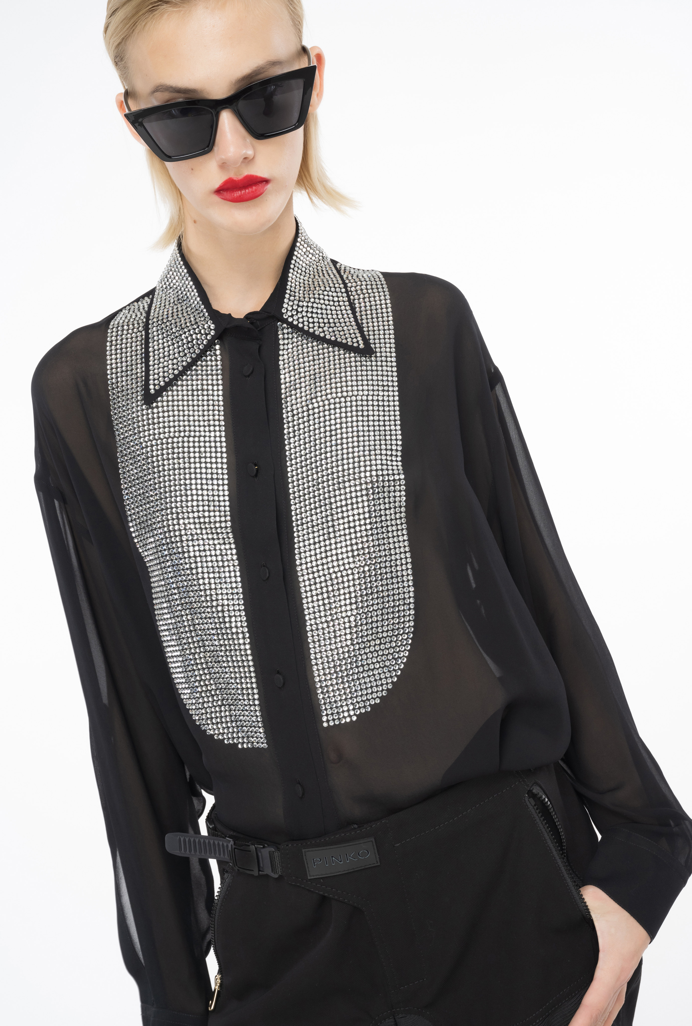 Shop Pinko Camicia In Georgette Con Strass In Noir Limousine