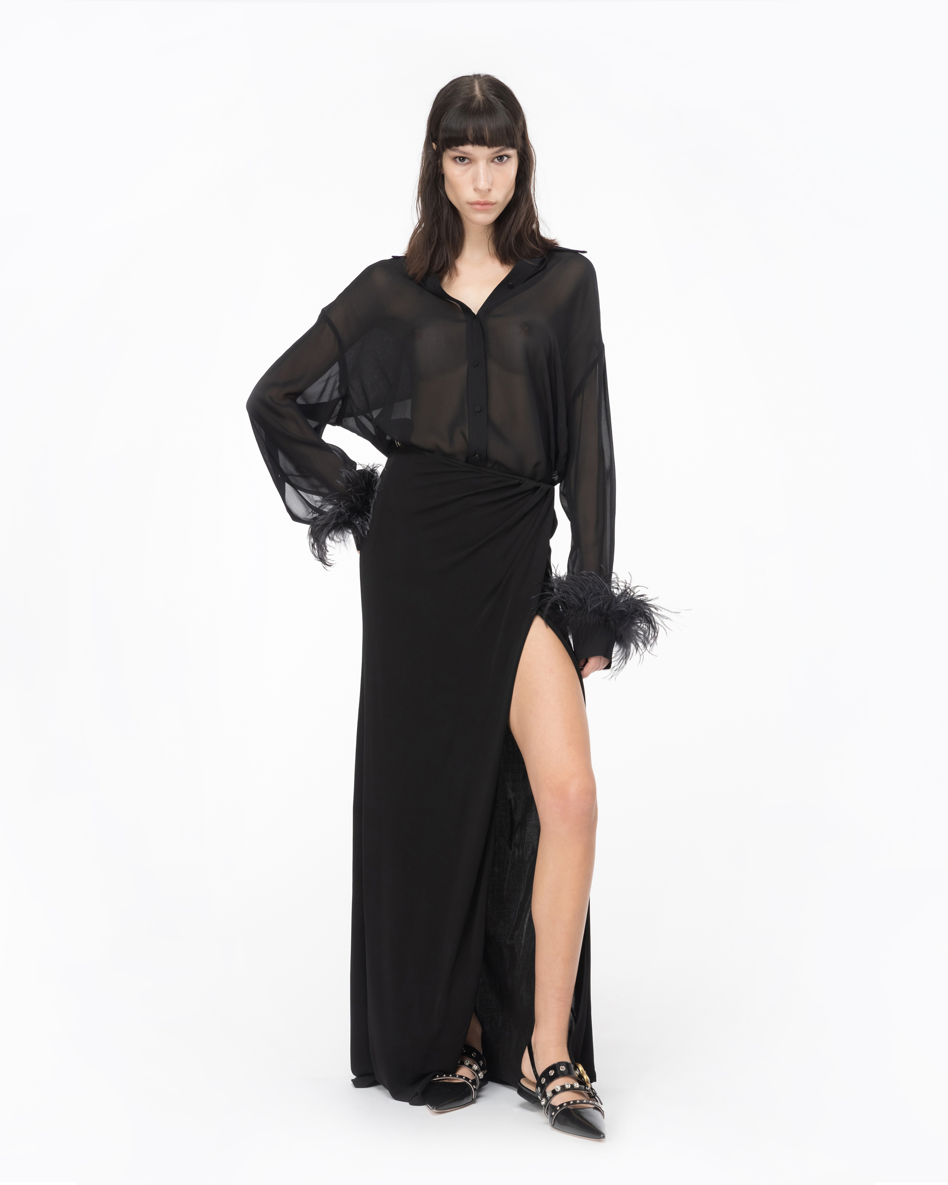 Shop Pinko Long Shirt With Feathers In Noir Limousine