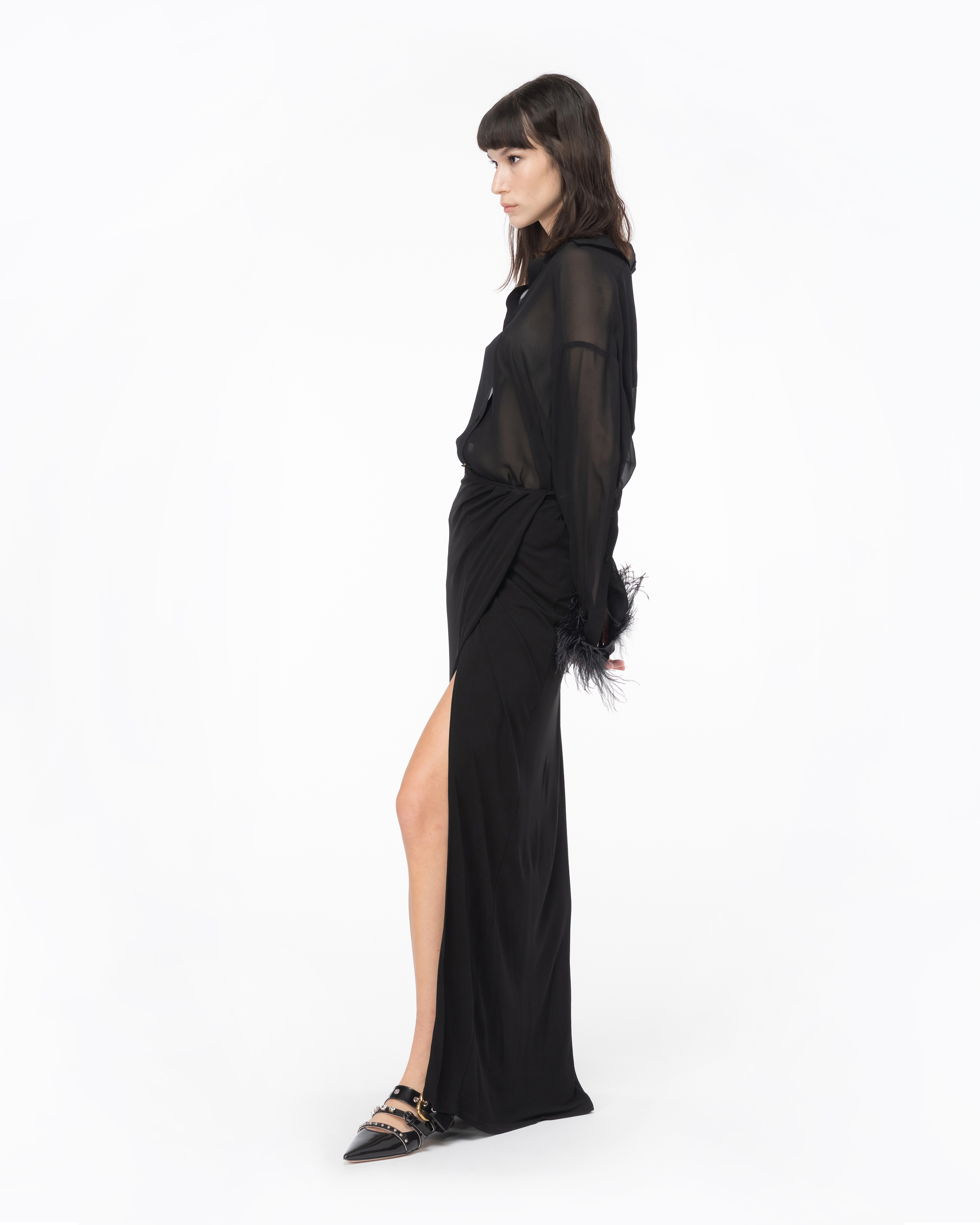 Shop Pinko Long Shirt With Feathers In Noir Limousine