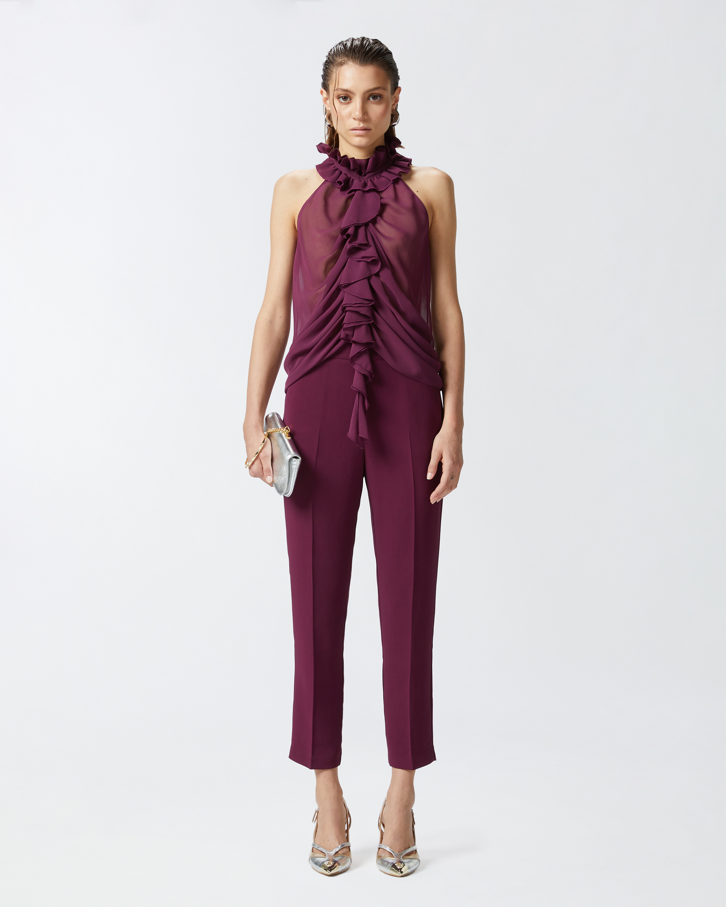 Pinko Elegant Technical Fabric Trousers In Grape Wine