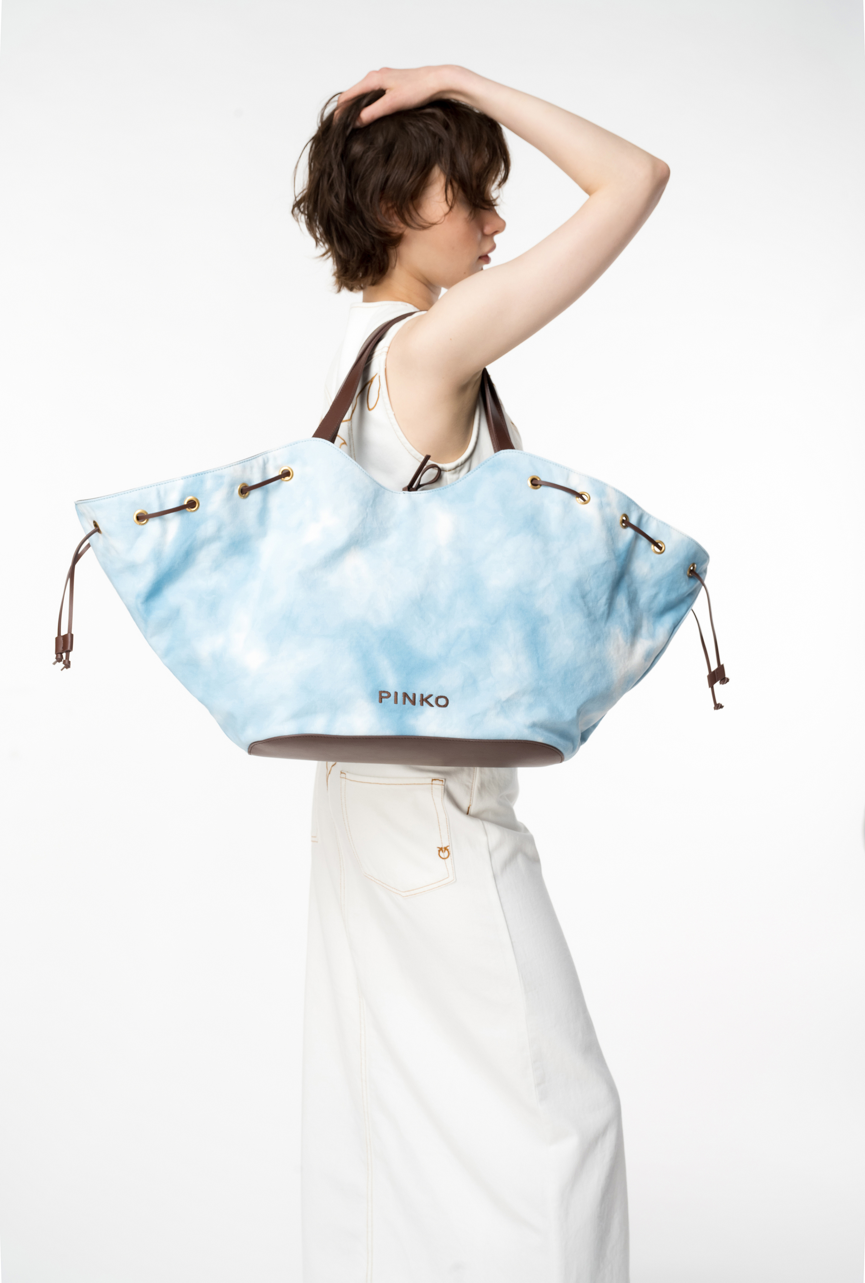 Shop Pinko Extra Pagoda Shopper Bag In Unevenly Dyed Canvas In Bleu Froid