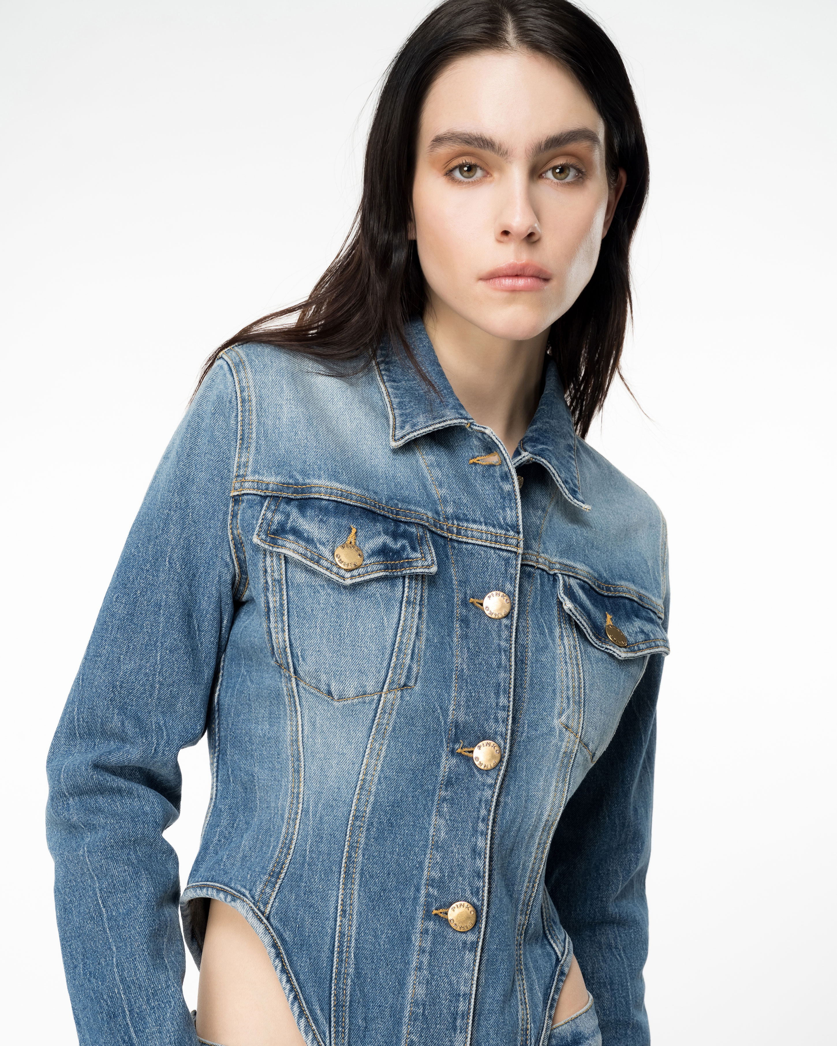 Shop Pinko Blouson Corset En Denim In Dark Vintage Wash