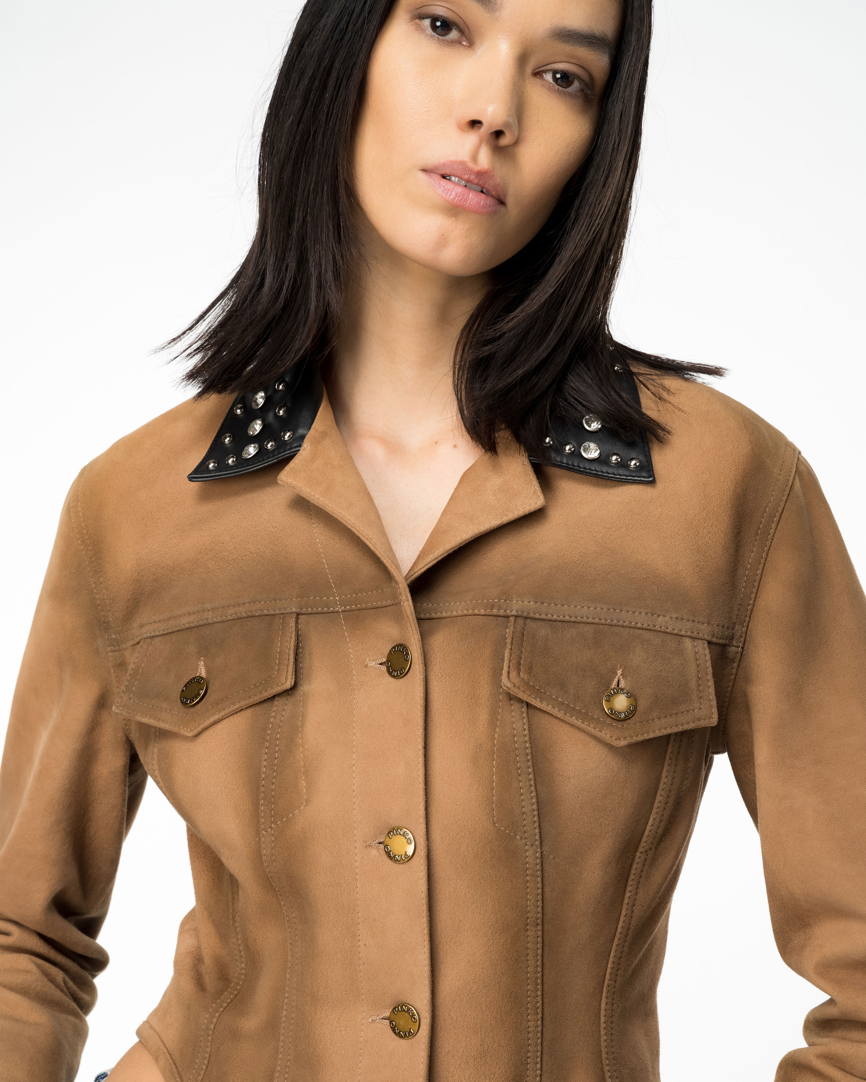 Замшевая куртка-бюстье с винтажным эффектом и заклепками - БЕЖЕВЫЙ - large