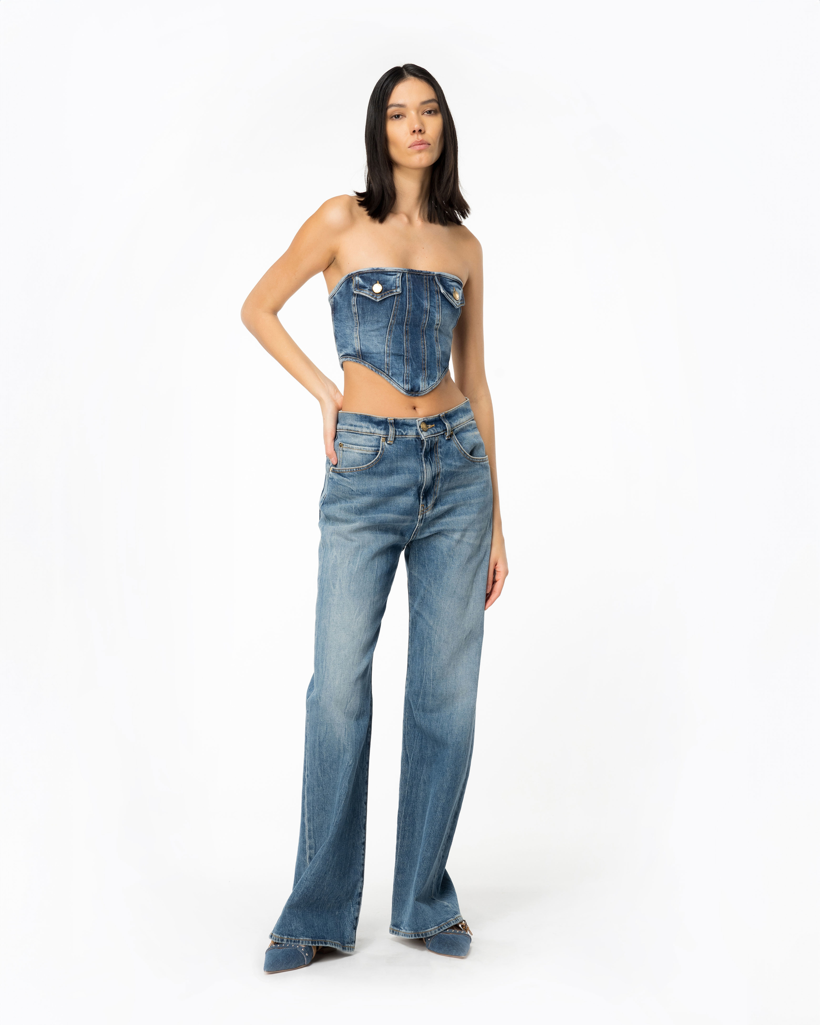 Shop Pinko Top Bustier Denim Stretch In Dark Vintage Wash