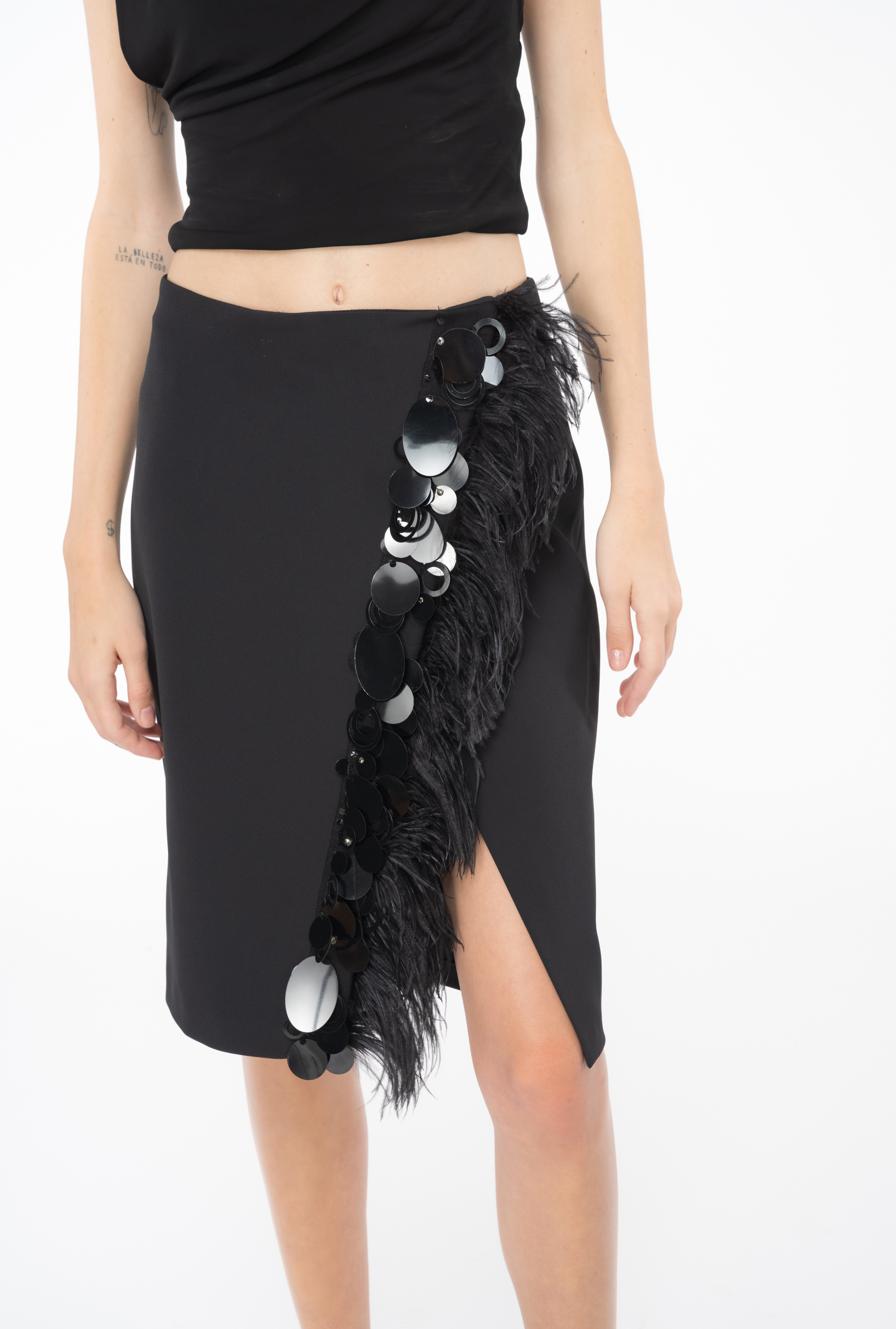 Shop Pinko Skirt With Feathers And Sequins In Noir Limousine