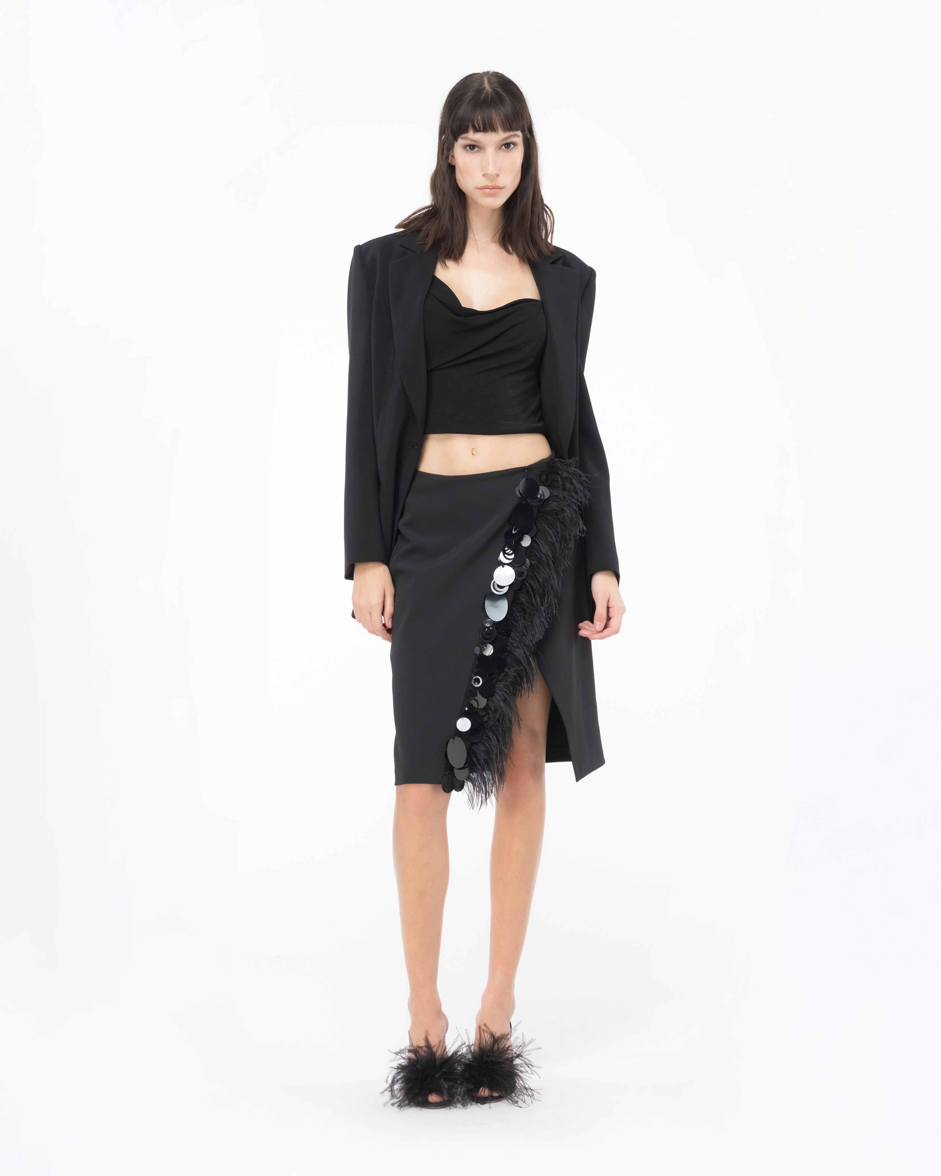 Shop Pinko Skirt With Feathers And Sequins In Noir Limousine