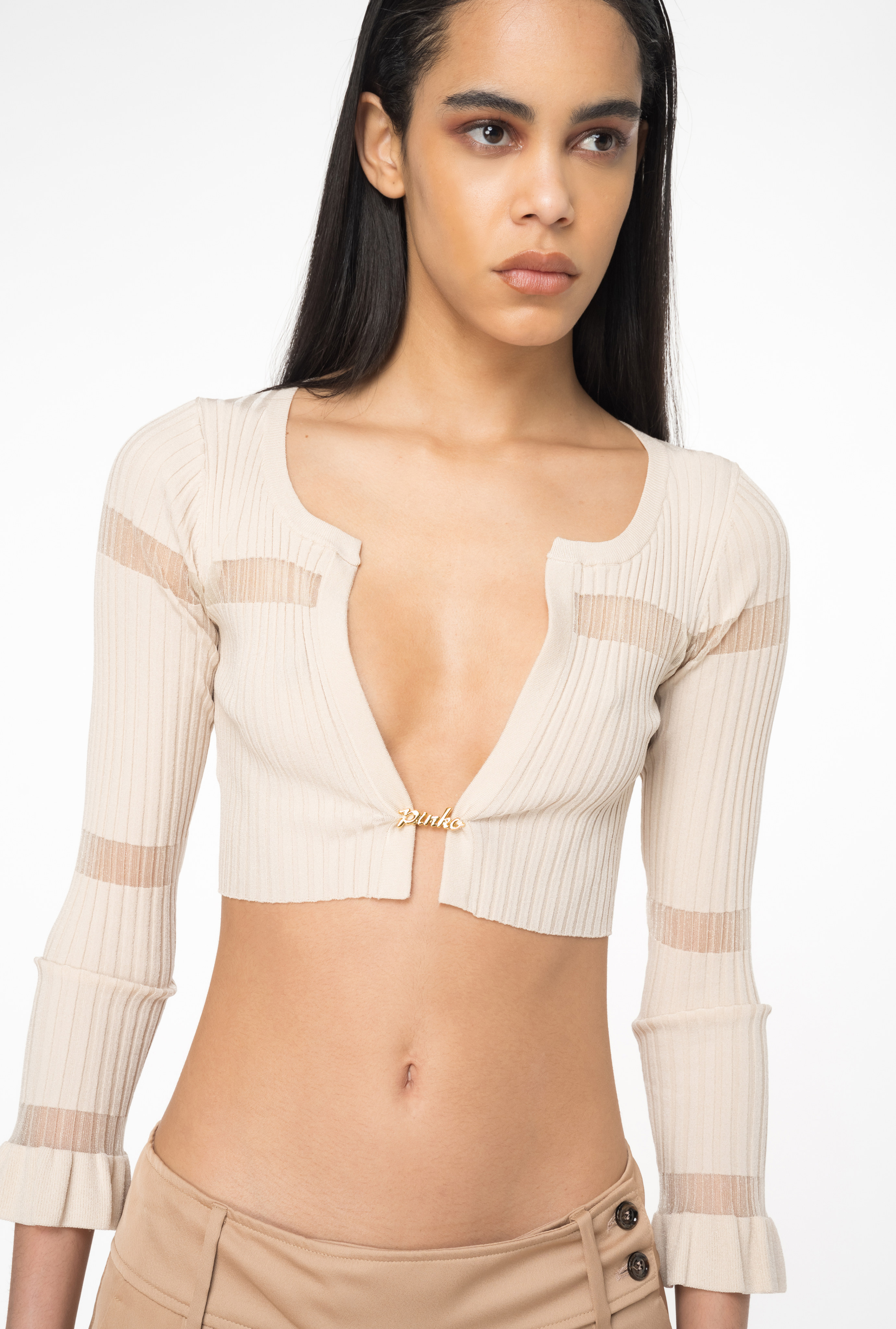 Shop Pinko Ribbed Mini Cardigan With Transparent Stripe In Beige-pierre Ponce