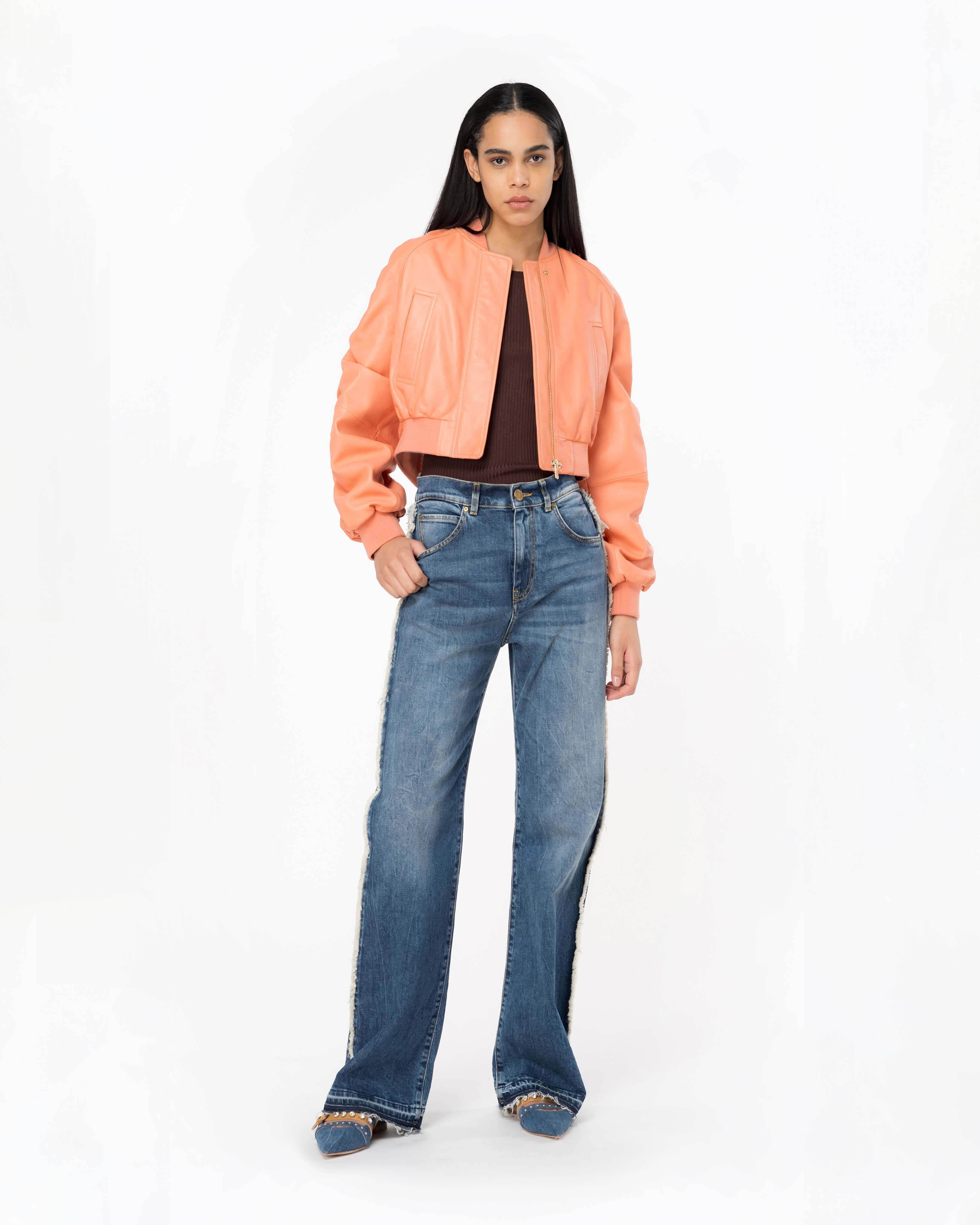 Shop Pinko Short Nappa Leather Bomber Jacket In Saumon Frais