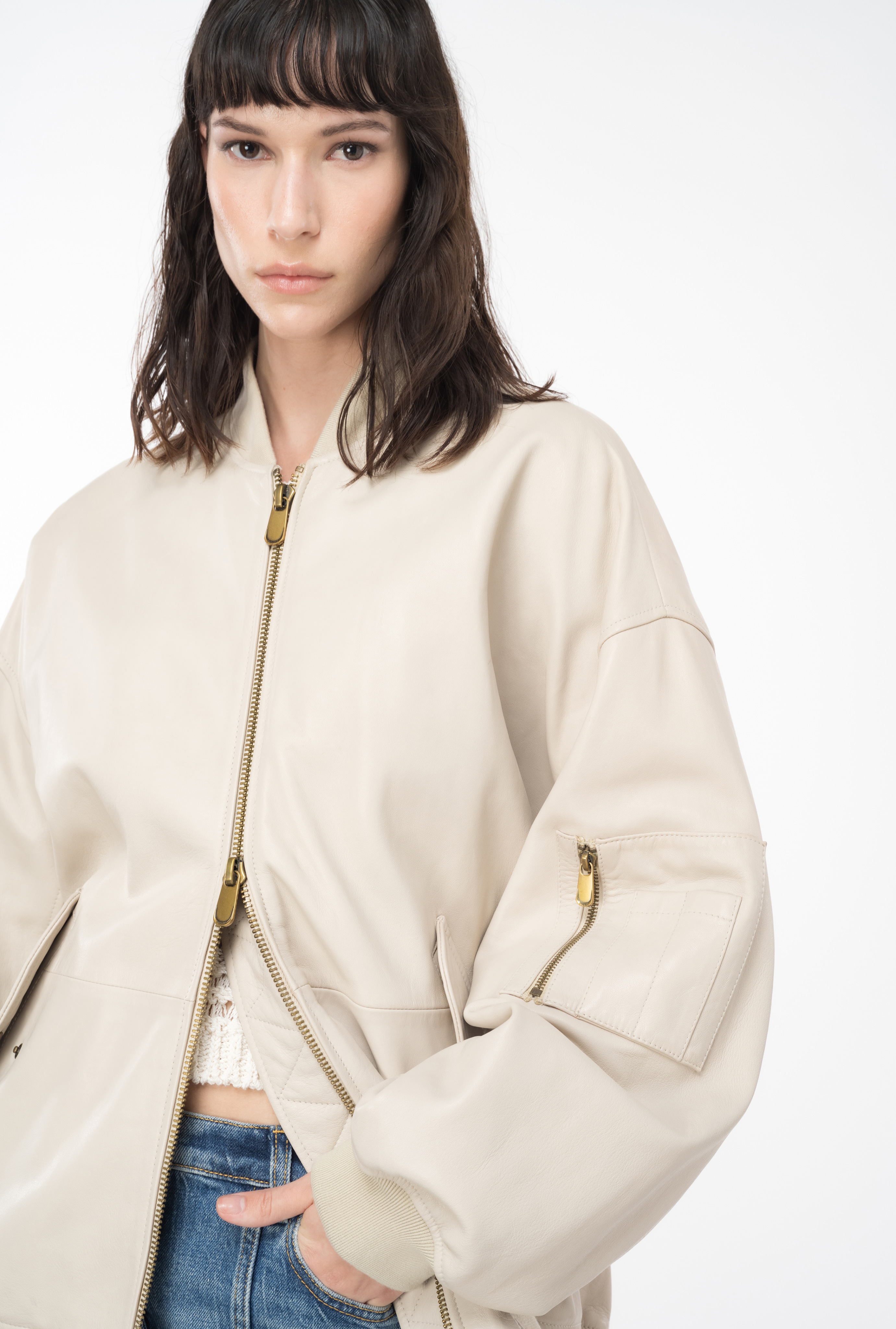 Shop Pinko Nappa Leather Bomber Jacket In Beige-oatmeal