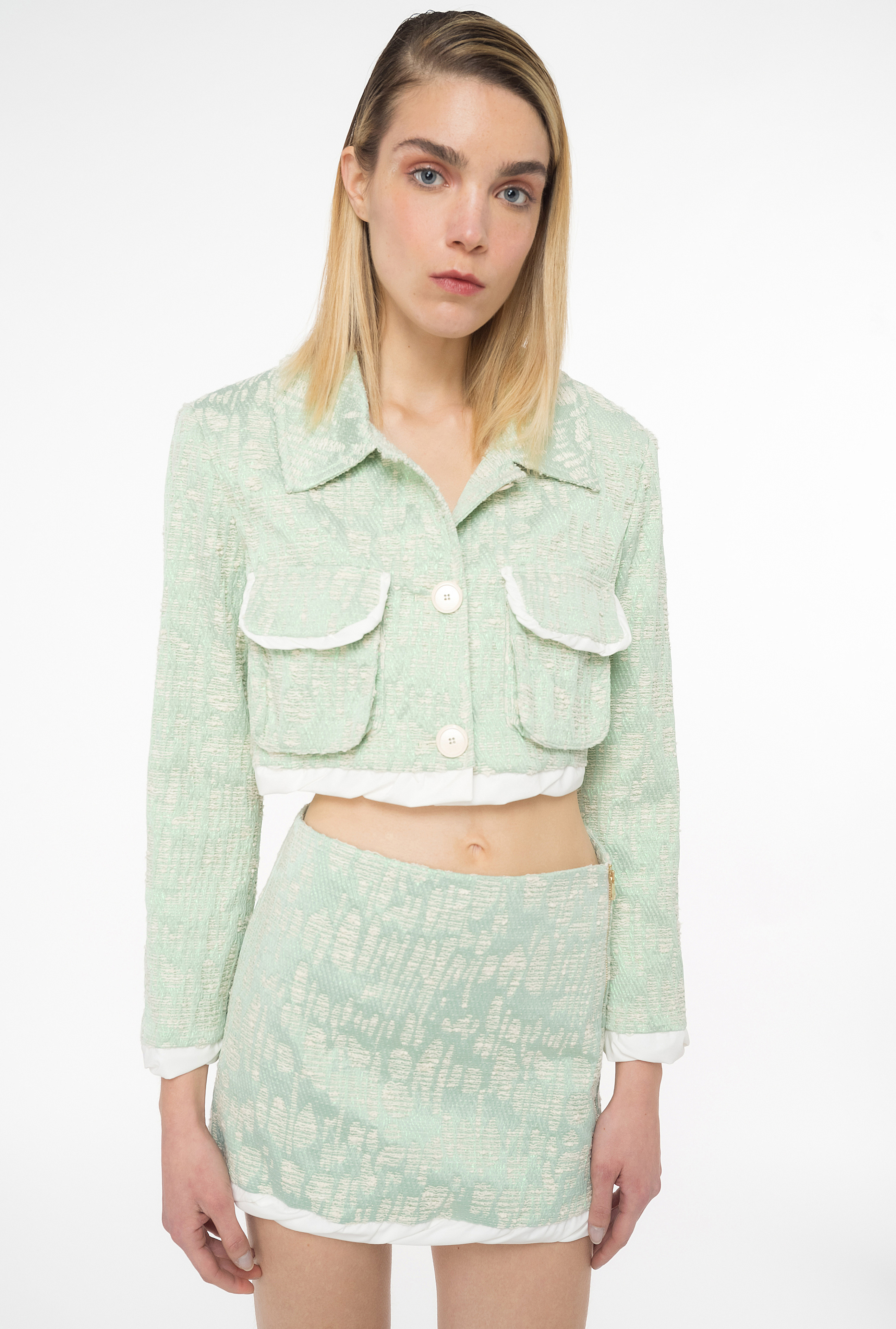 Shop Pinko Giacca Corta Stuoia Lurex In Green/white