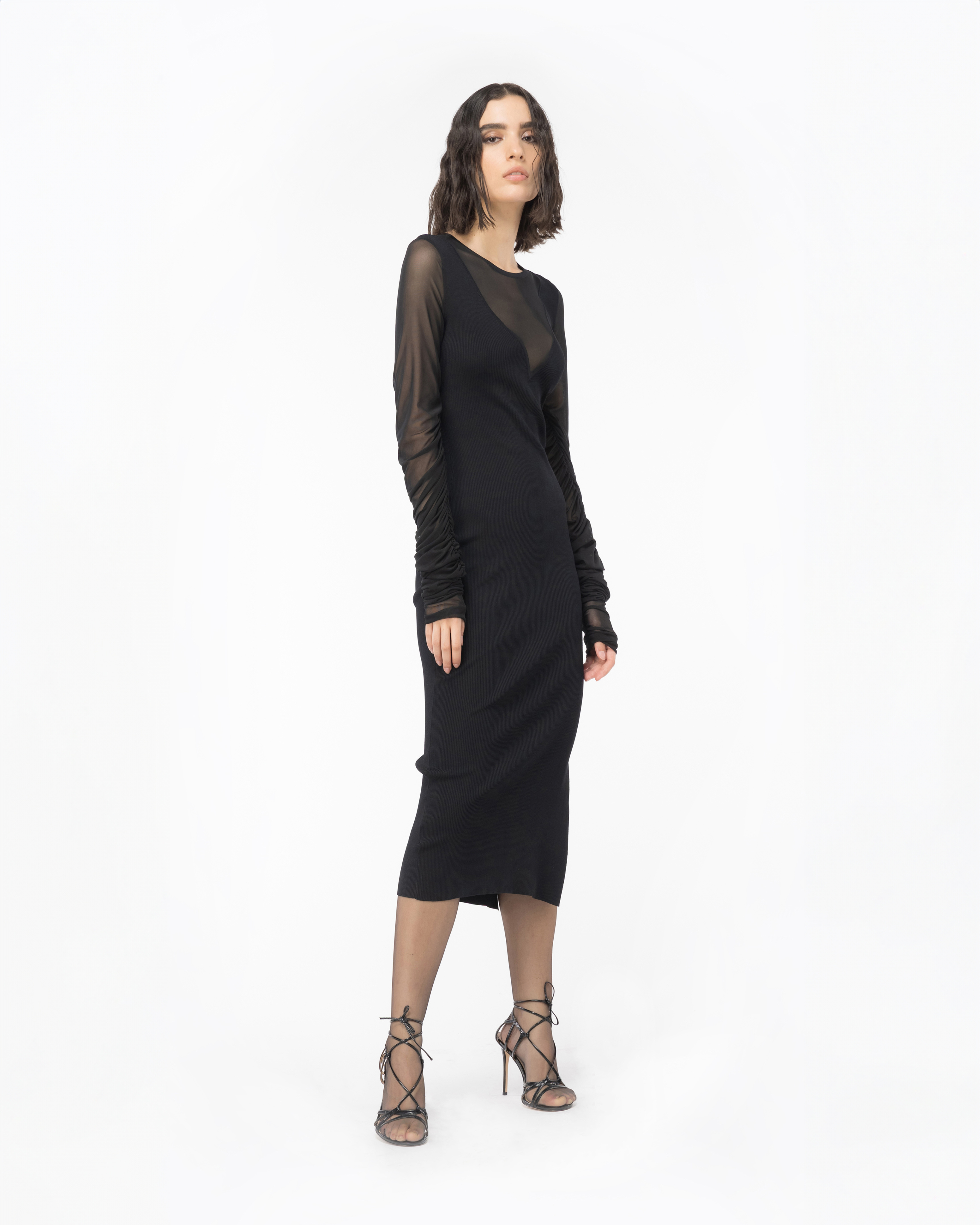 Shop Pinko Abito Lungo In Maglia E Tulle In Noir Limousine