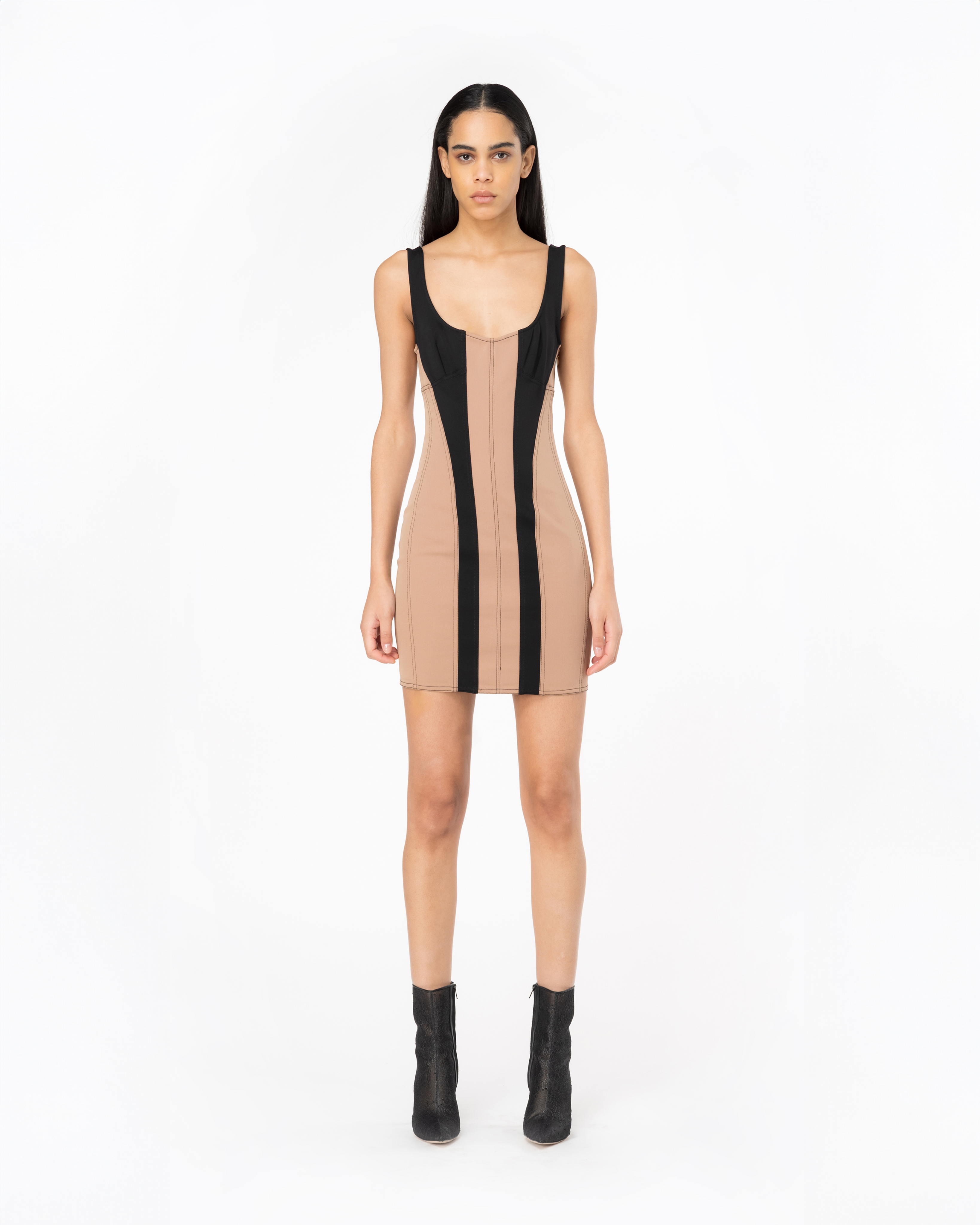 Shop Pinko Slim-fit Dual-material Mini Dress In Hazelnut/black