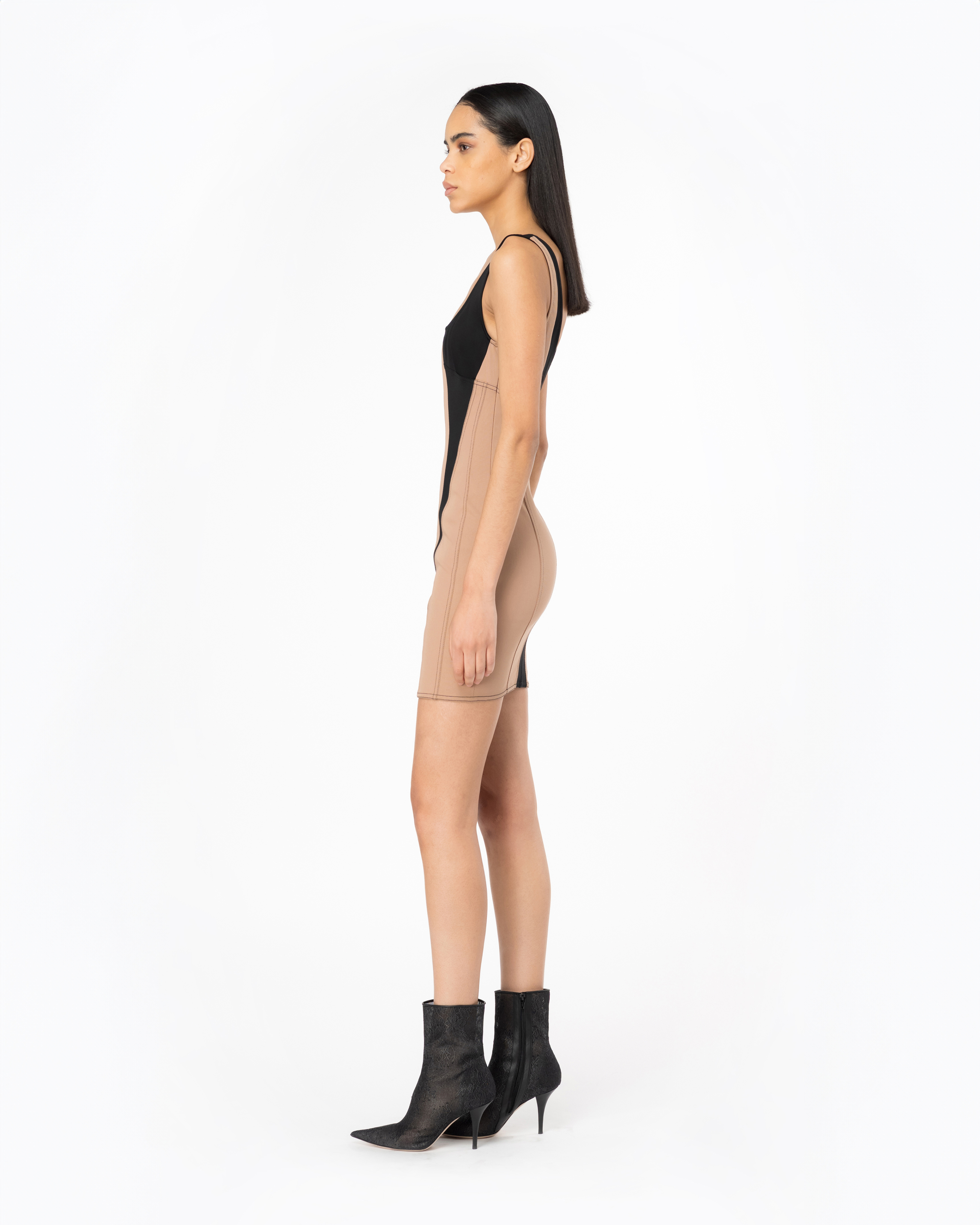 Shop Pinko Slim-fit Dual-material Mini Dress In Hazelnut/black