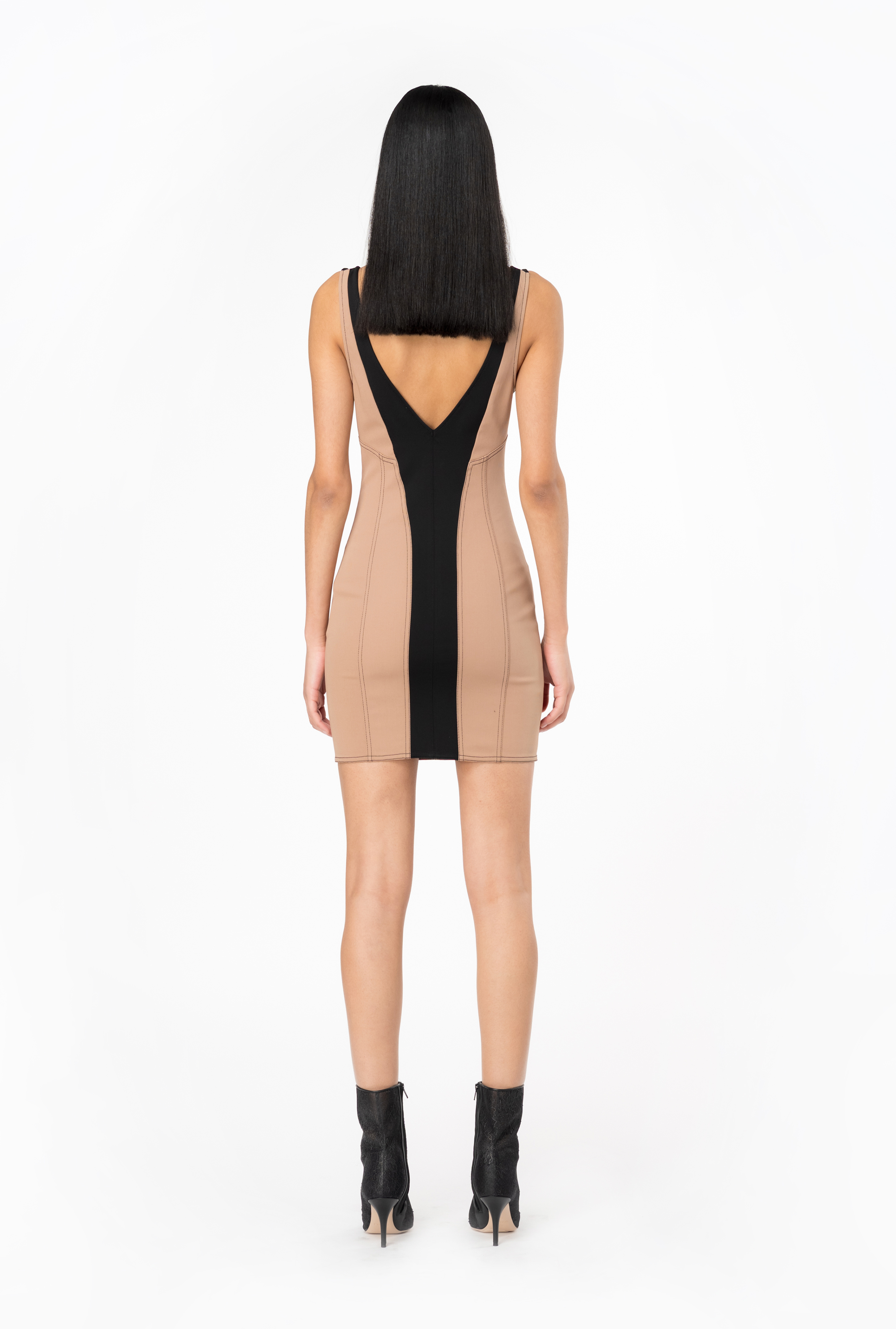 Shop Pinko Slim-fit Dual-material Mini Dress In Hazelnut/black