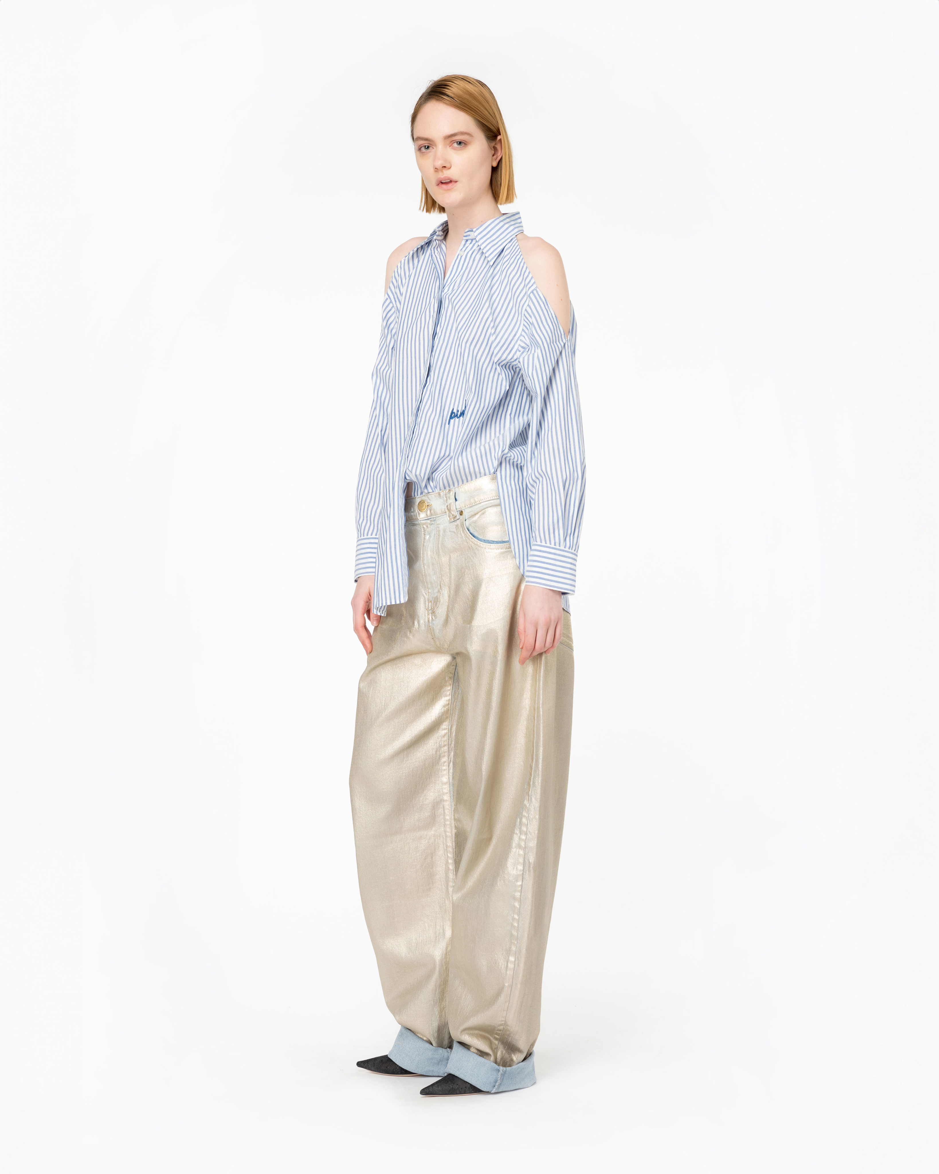 Shop Pinko Striped Shirt With Shoulder Openings In White/light Blue