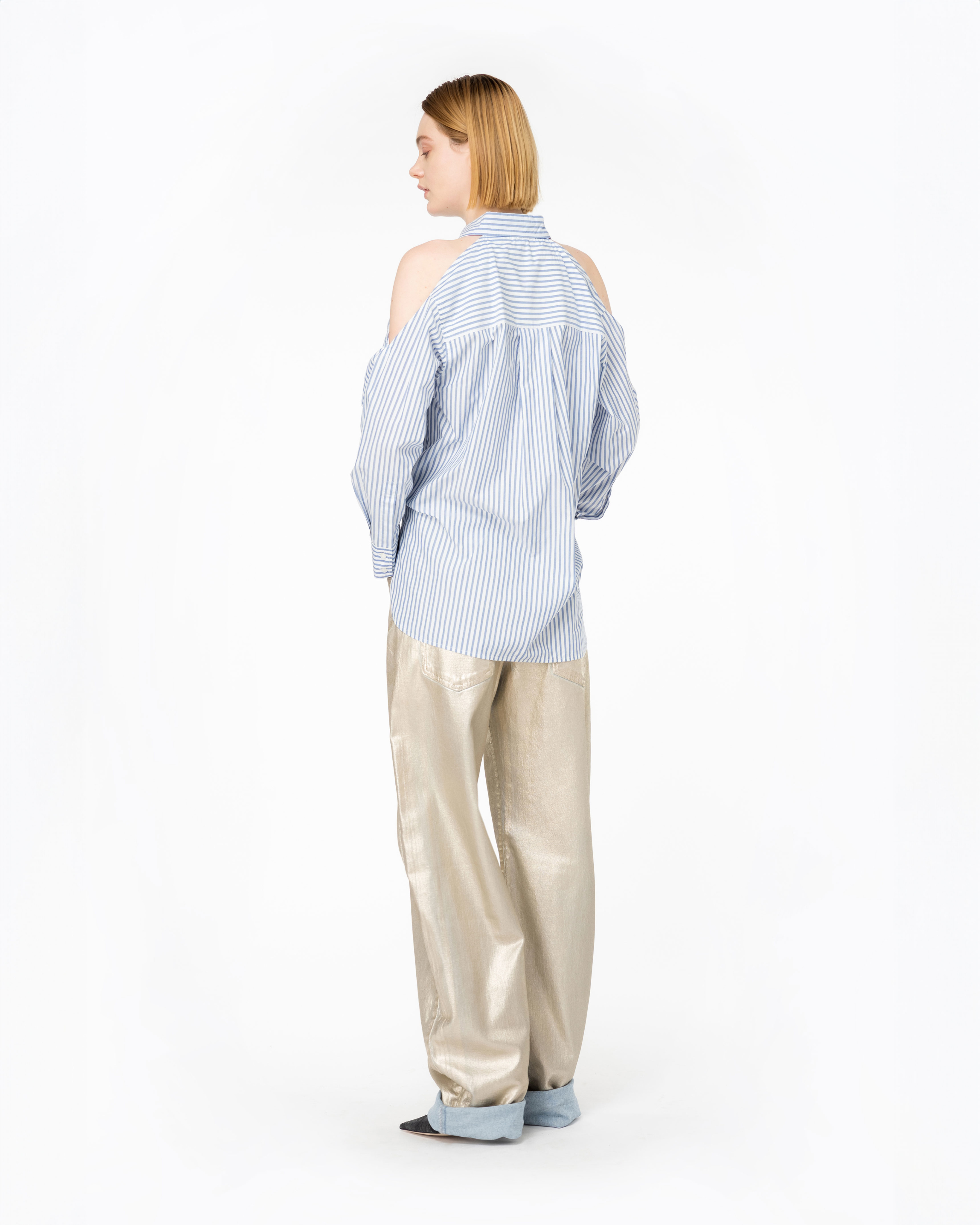 Shop Pinko Camicia A Righe Con Spalle Scoperte In White/light Blue