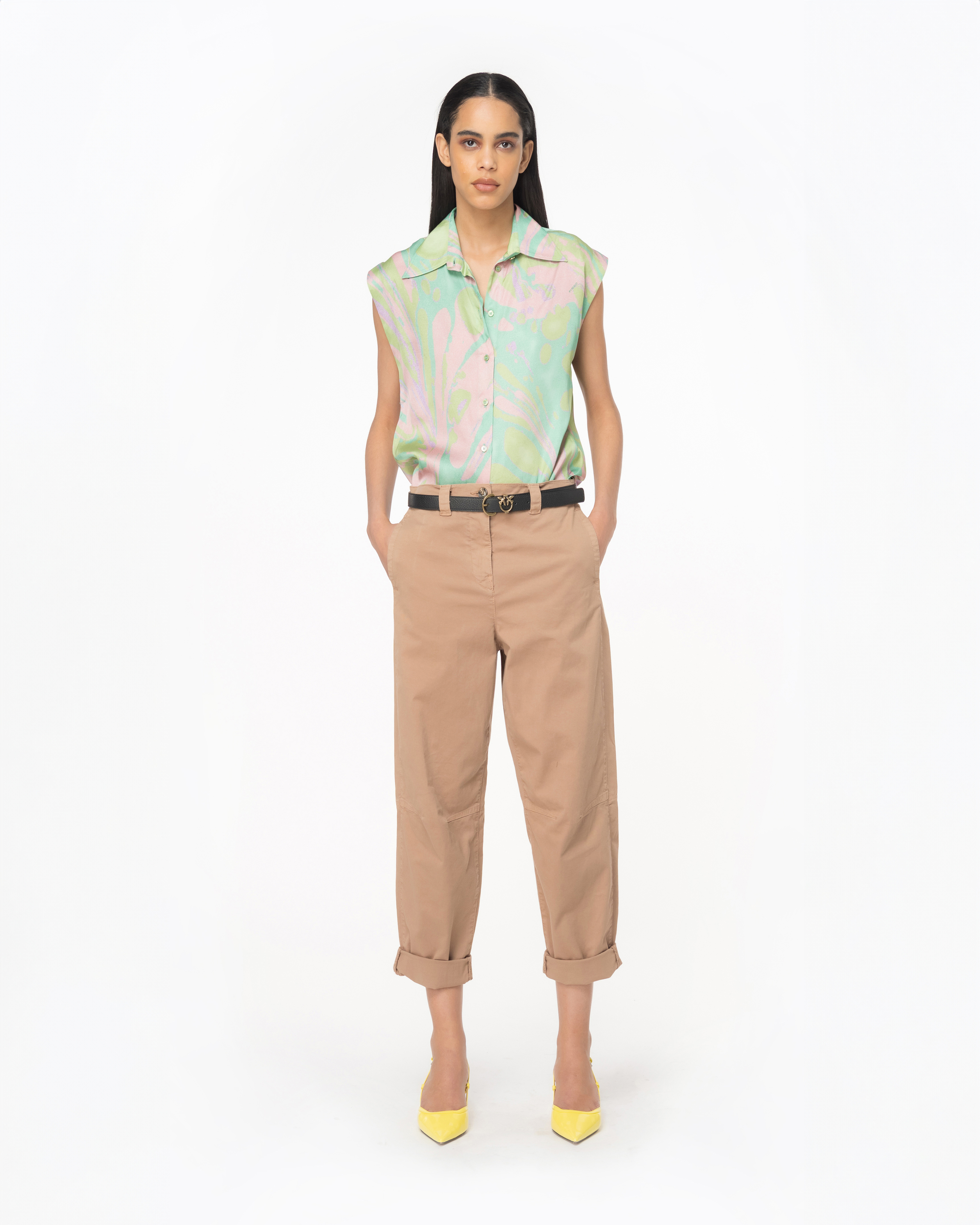 Shop Pinko Pantalon Carotte En Tricotine In Beige Brun Fauve