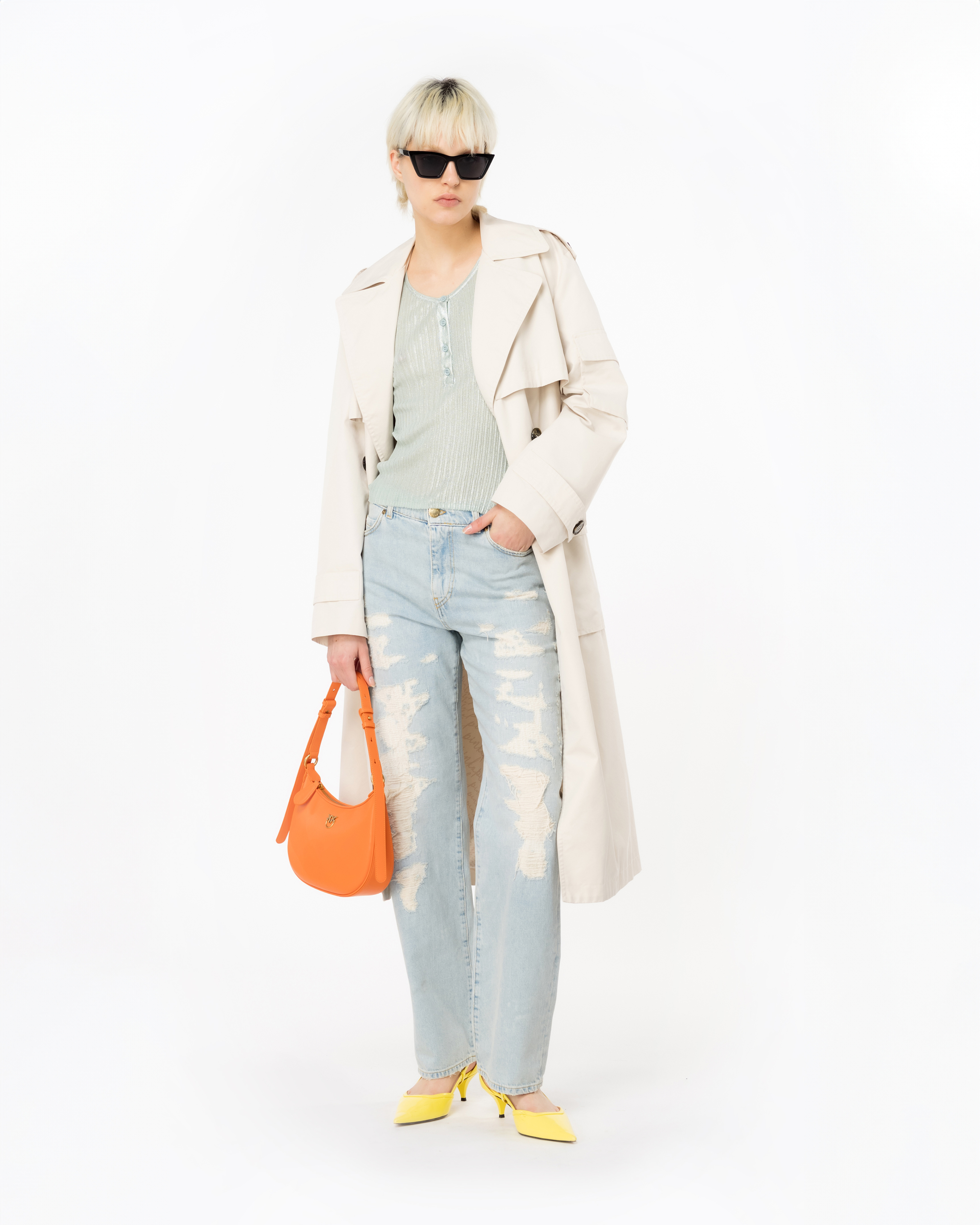 Shop Pinko Trench Gabardina Tecnica In Beige-farine D'avoine