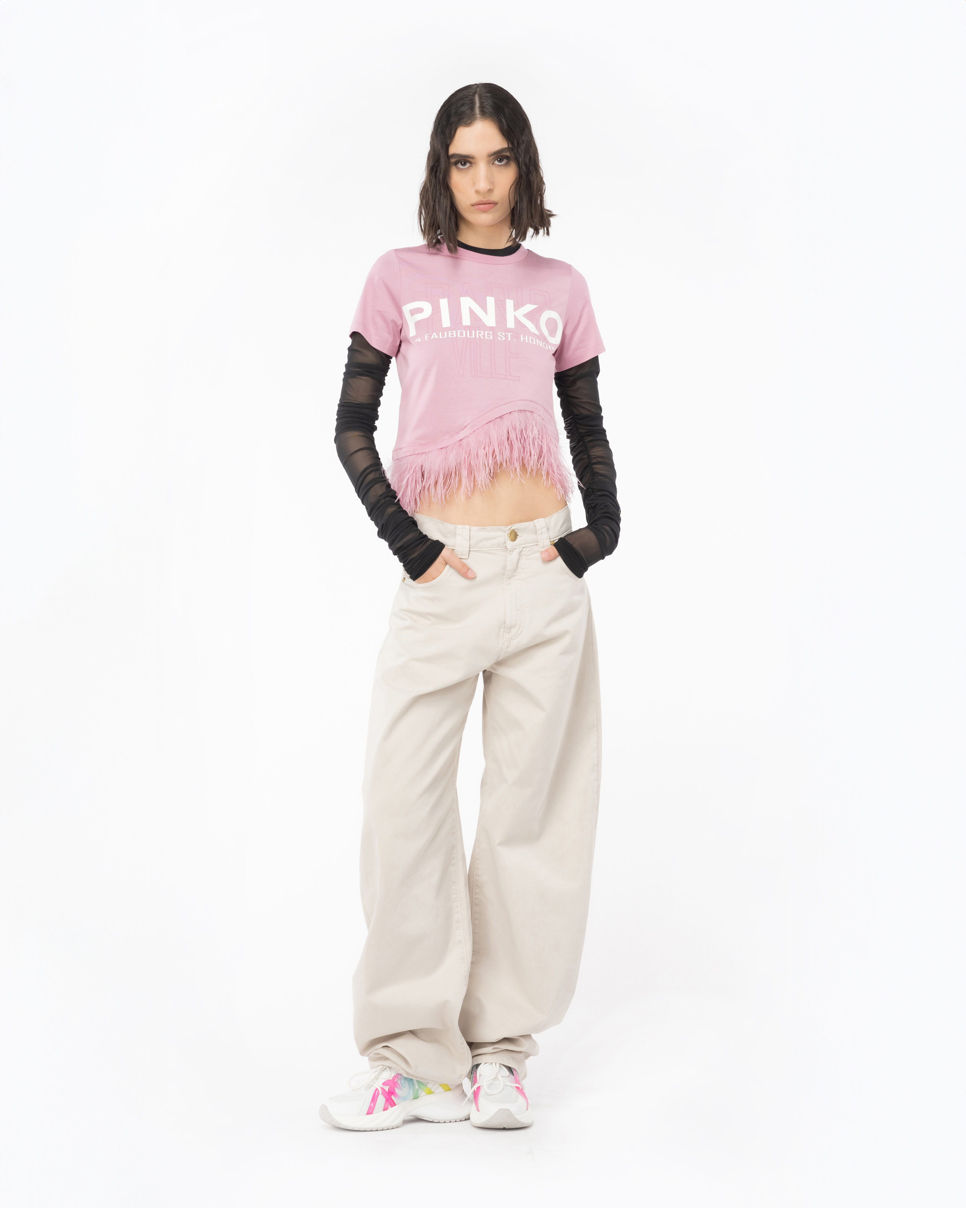 Shop Pinko Cities T-shirt With Feathers In Orchid Smoke