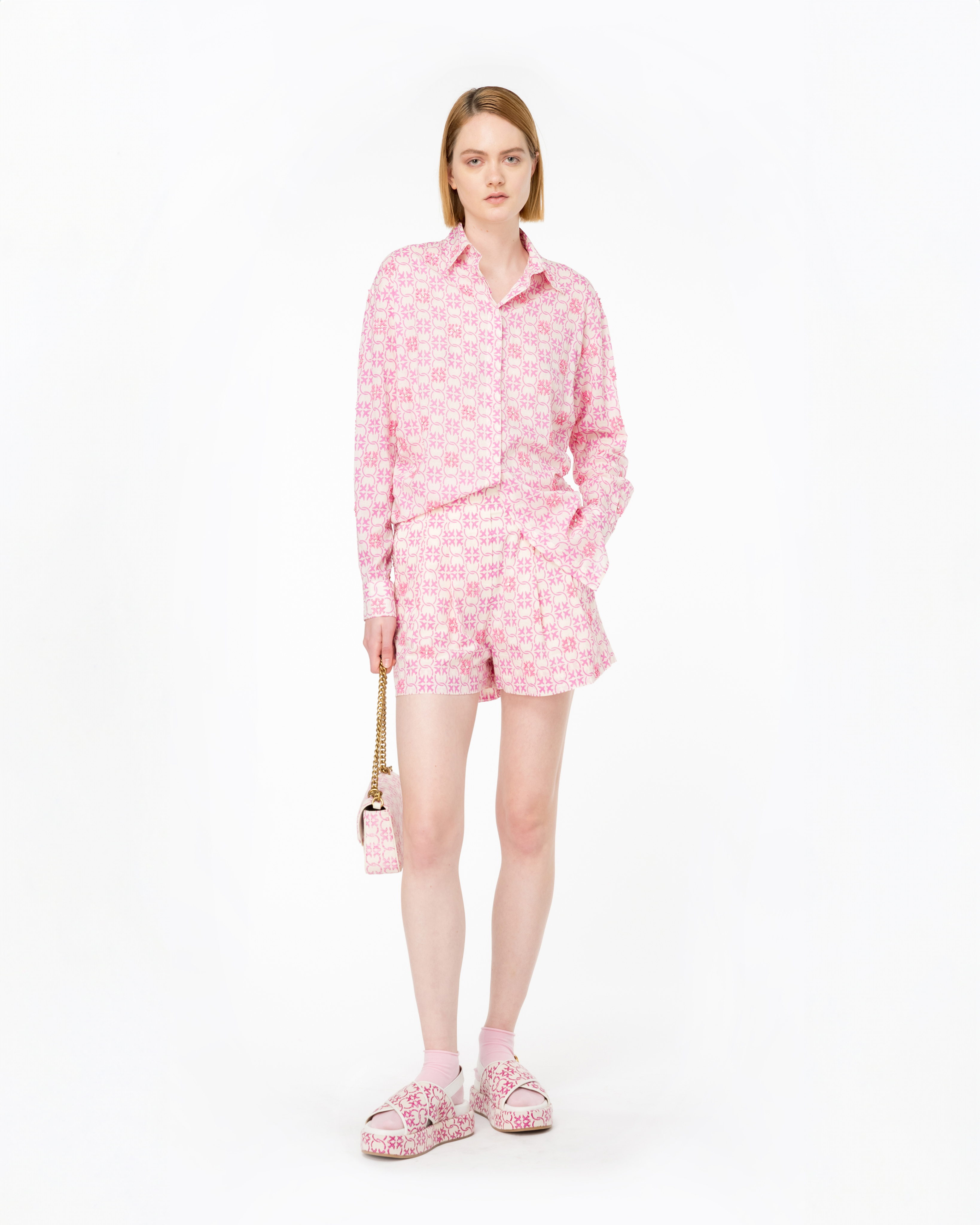 Shop Pinko Muslin Shirt With Monogram And Embroidery In Beurre/rose