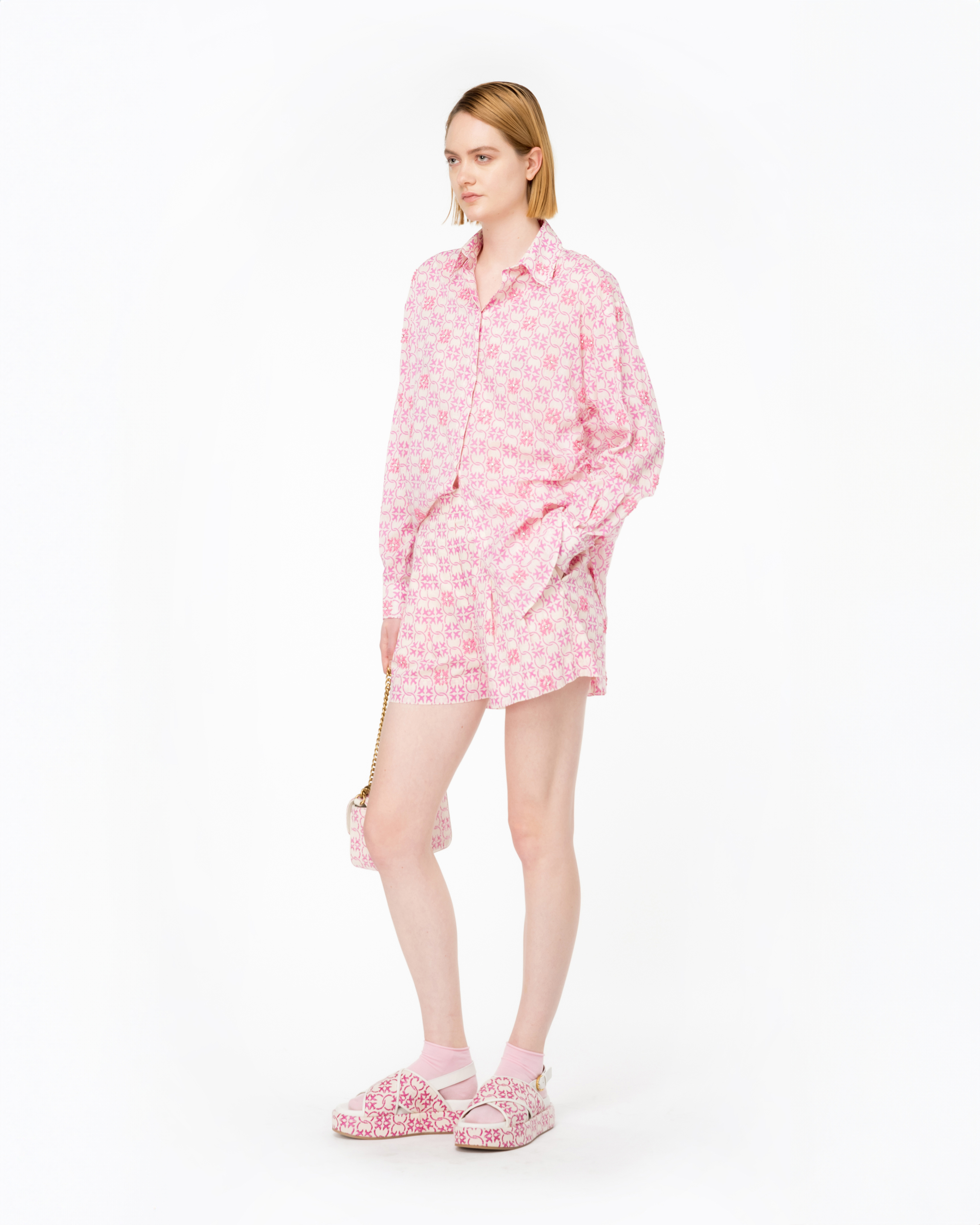 Shop Pinko Muslin Shirt With Monogram And Embroidery In Beurre/rose