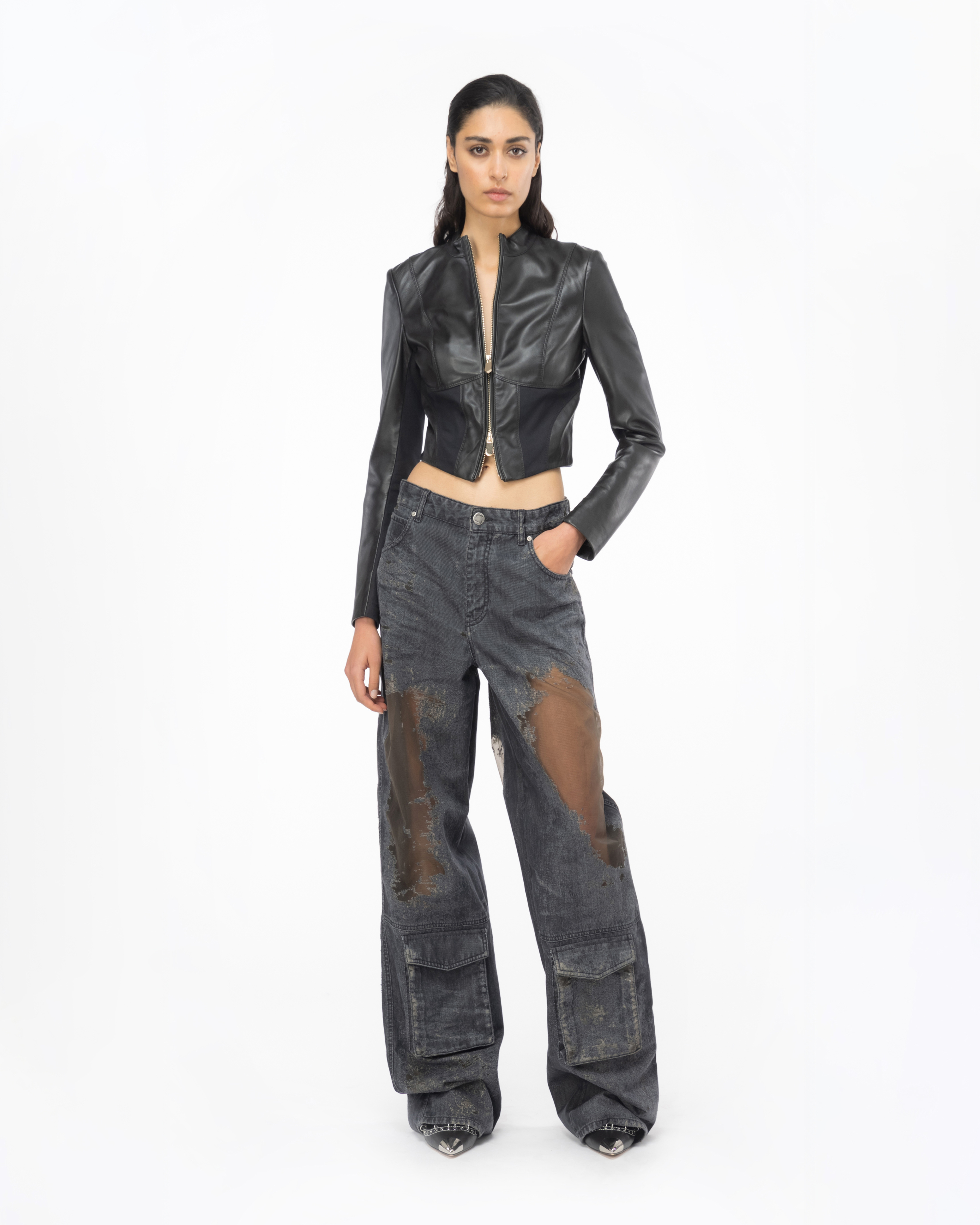 Shop Pinko Devoré Denim Cargo Jeans In Nero Limousine