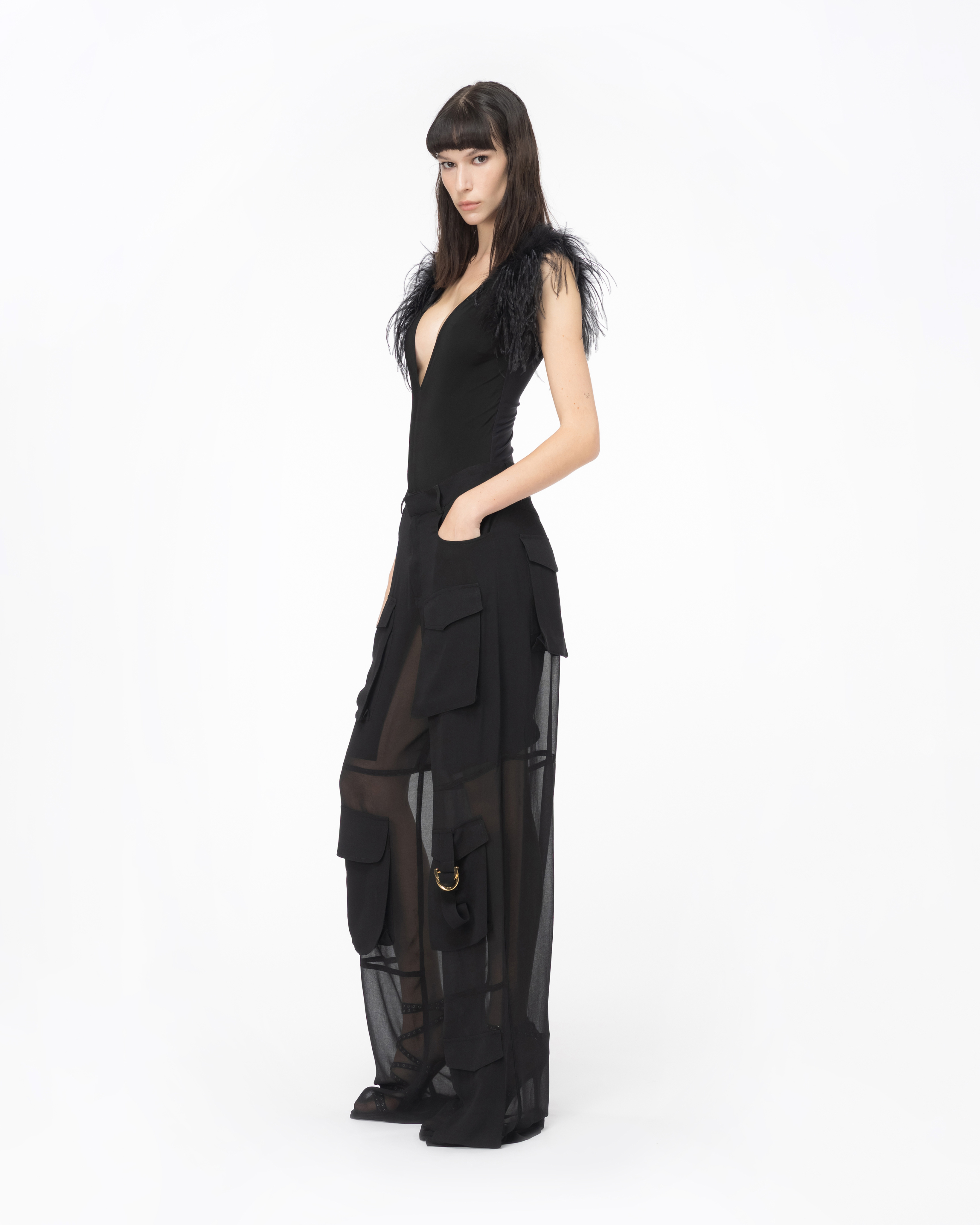 Shop Pinko Pantalon Cargo En Crêpe Georgette In Limo Black