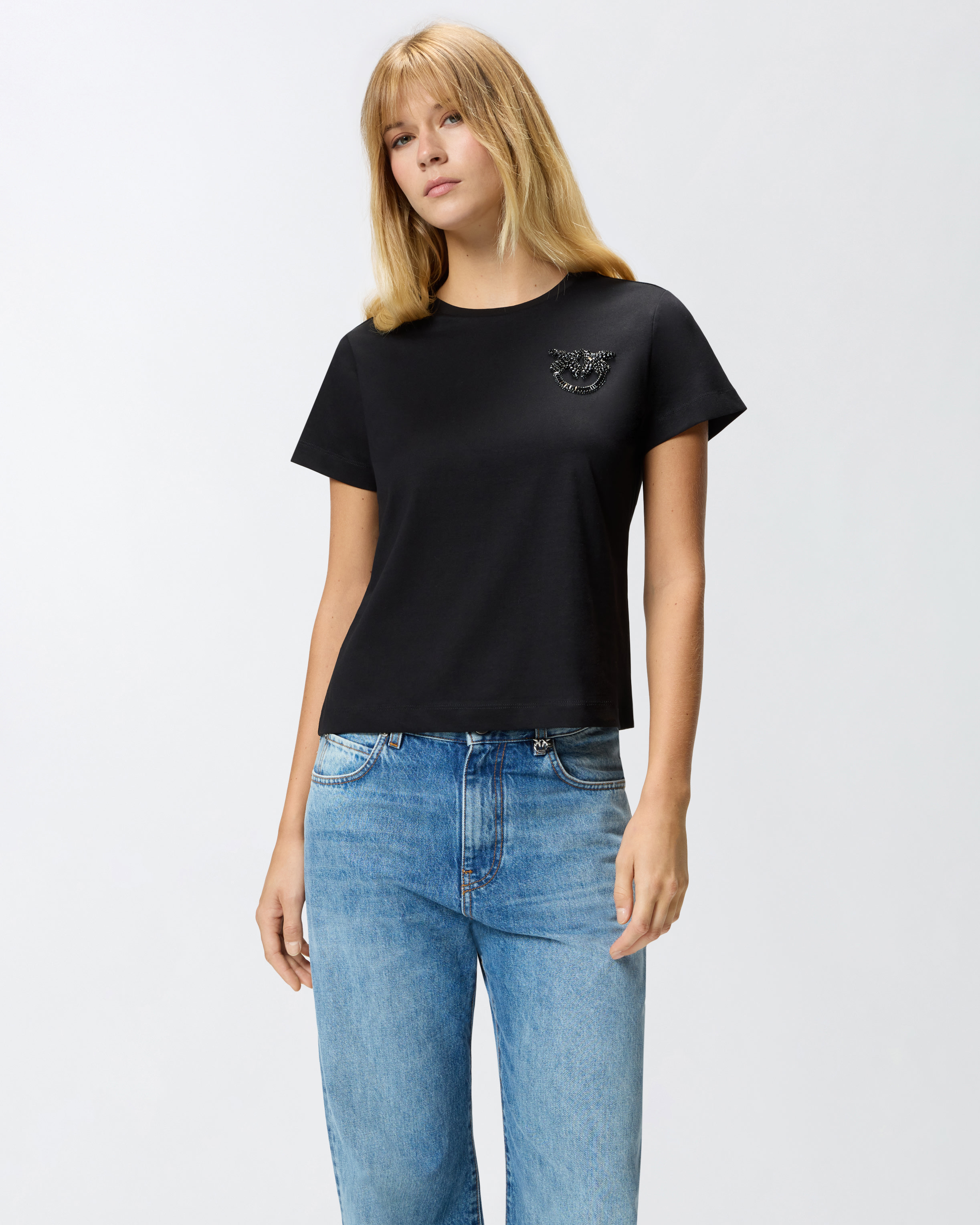 T-shirt with crystal-embroidered Love Birds logo - Black - large | Pinko 