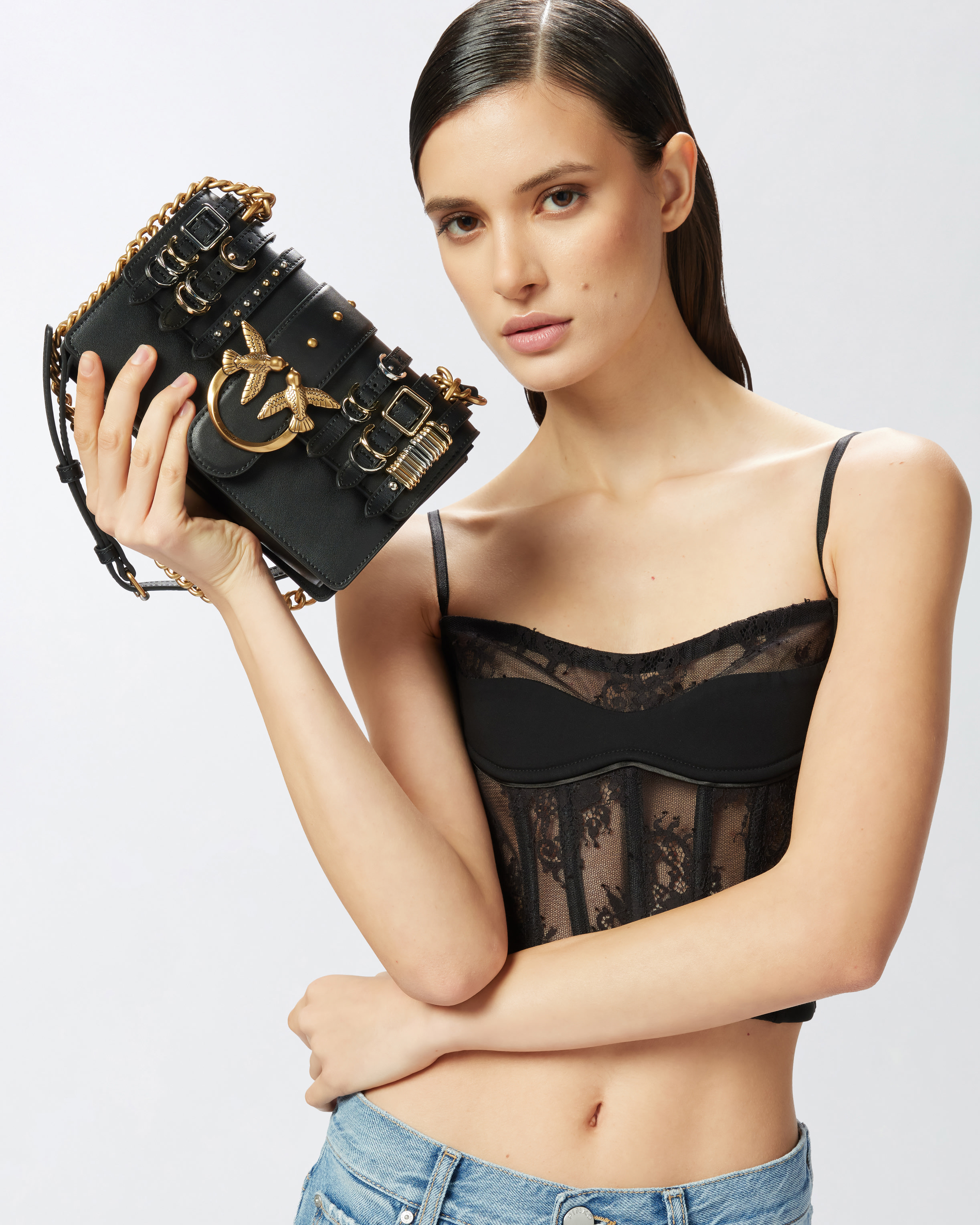 Pinko Small Leather Love Bag Shoulder Bag With Straps In Limousine Black